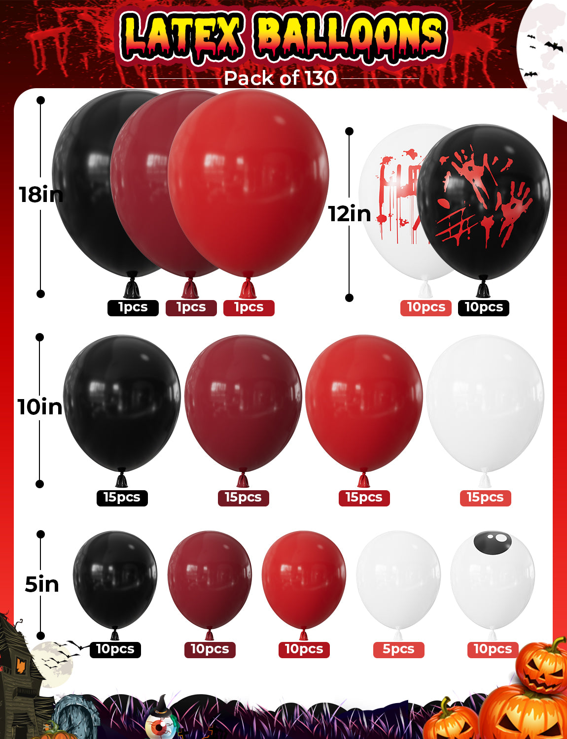 Halloween Balloon Garland Arch Kit, Bloody Black Red White Balloons 130 Pcs Halloween Balloon with Spider Web and 3D Bat Stickers for Horror Party, Haunted House, Birthday and Photo Booth Decor