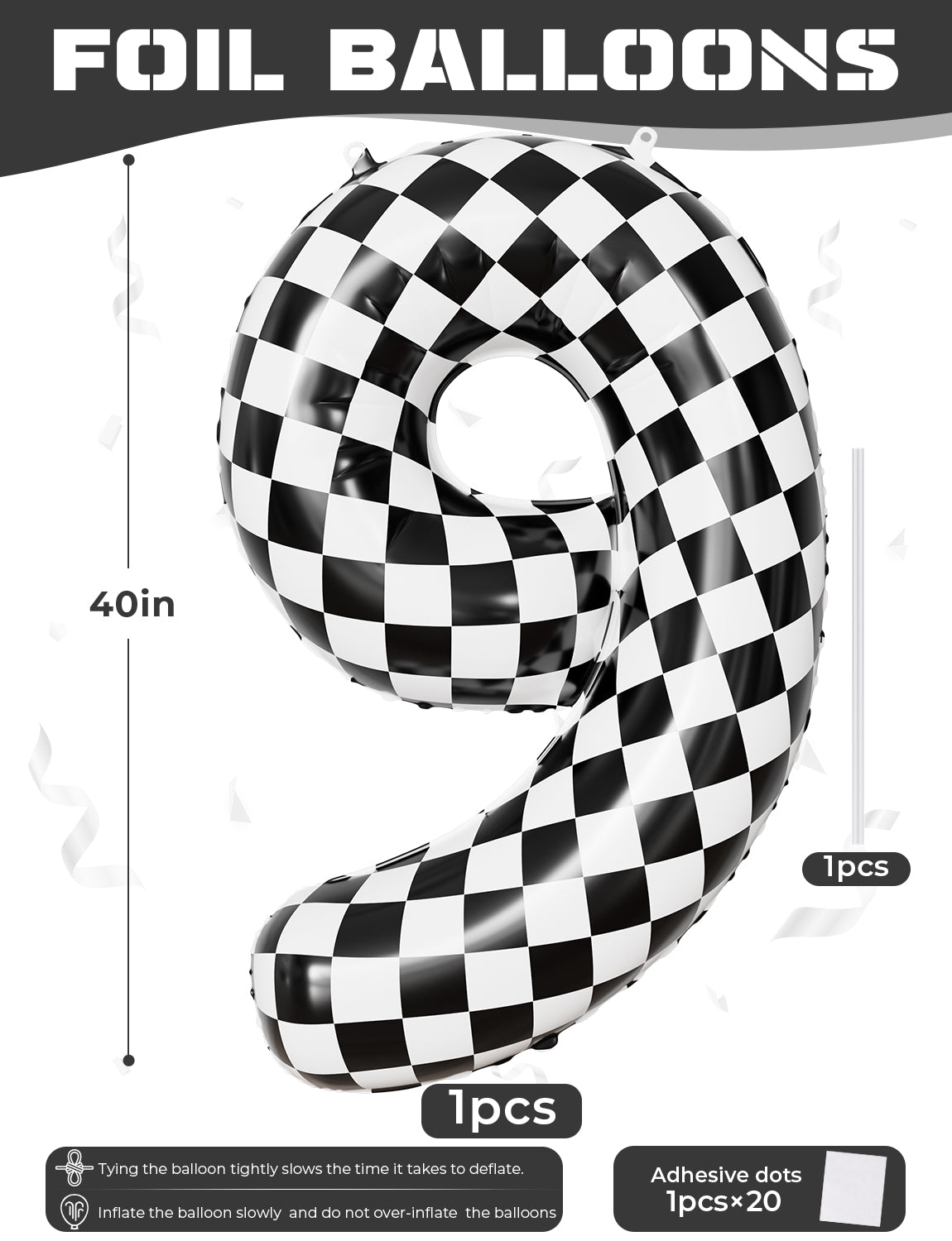 40 Inch Checkered Number 9 Balloon for Racing Birthday Decorations Large Number 9 Balloon, Black and White Foil Balloon for Birthday, Baby Shower, Race Car and Checkered Flag Party Decorations