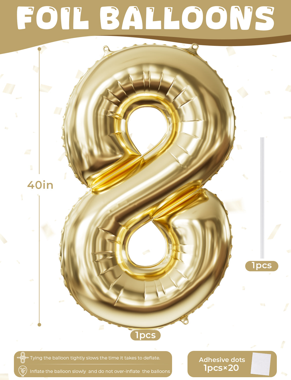 Adeyoo Light Gold Number 8 Balloon - 40" Large Champagne Gold Foil Digital 8 Balloons for Boys Girls, Self Inflating Number Balloons 0-9 Set for Women Men Birthday Anniversary Party Decorations
