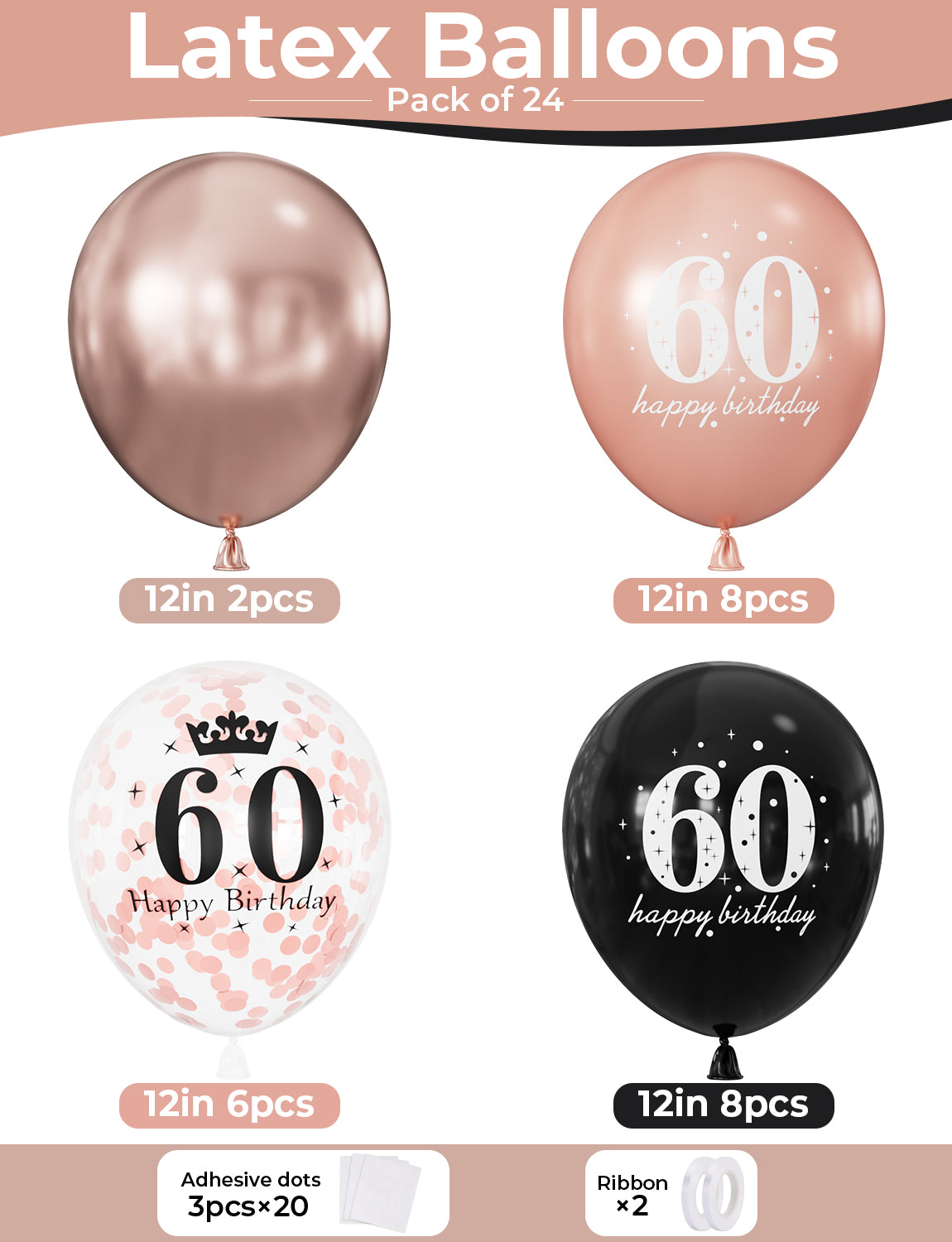 60th Birthday Balloons, Rose Gold and Black Balloons for Party Decor 24 Pcs 12 Inch Happy Birthday Balloons, Metallic and Pearl Rose Gold Balloons with Confetti, 60th Birthday Party Decorations