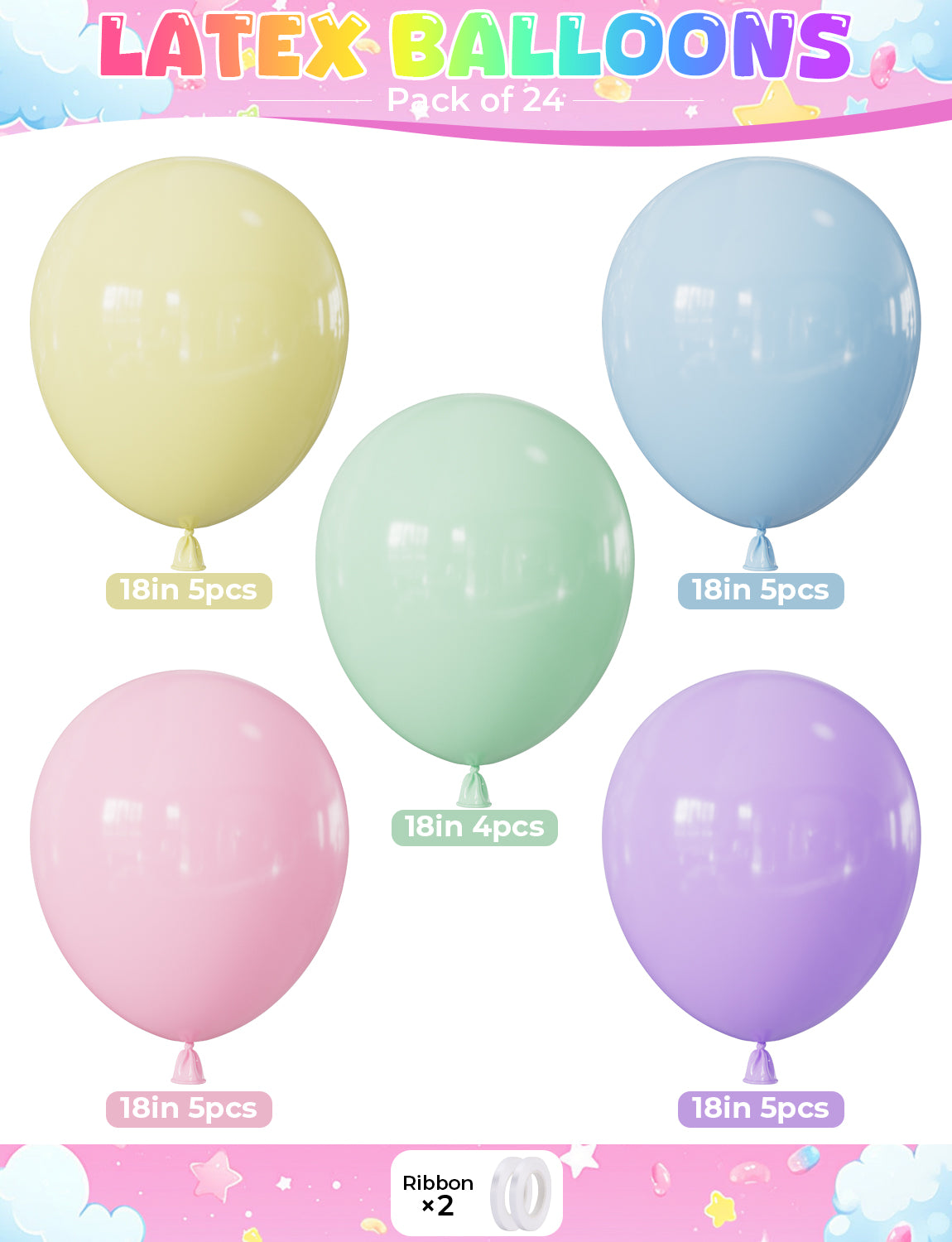 Pastel Balloons, 24 Pcs 18 Inch Pastel Rainbow Balloons, 5 Colours Large Macaron Colourful Balloons for Pastel Birthday Decorations, Party Balloons for Birthday Wedding Easter Wedding Parties