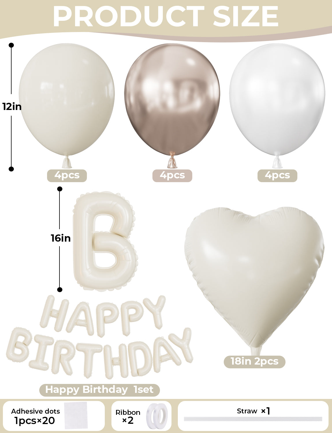 Cream Happy Birthday Balloons Banner - Big Beige Heart Foil Letter Balloon Banner with 12 Inch Metallic Pearl Sand White Balloons for Women Men Birthdays Boho Neutral Party Decorations