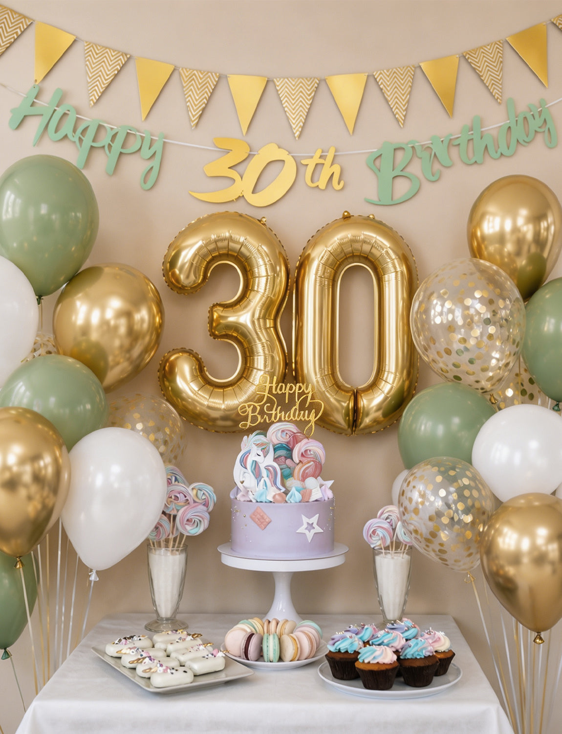 30th Birthday Decorations with 30th Birthday Banner for Women Men Sage Green Gold White Balloons, Number 30 Foil Balloon, Gold Bunting, Cake Topper for 30th Anniversary Birthday Party Decor