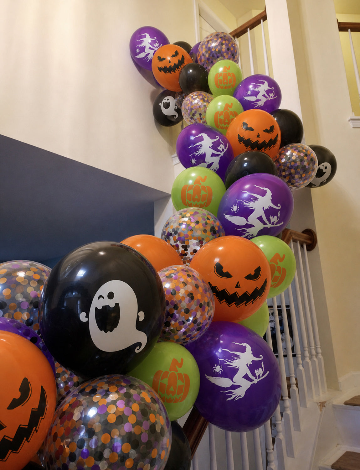 Halloween Balloons, 50 Pcs 12 Inch Black Orange Purple Green Balloon Halloween Latex Balloons with Confetti, Witch Pumpkin Ghost Print Balloons, Halloween Decorations for Spooky Birthday Party
