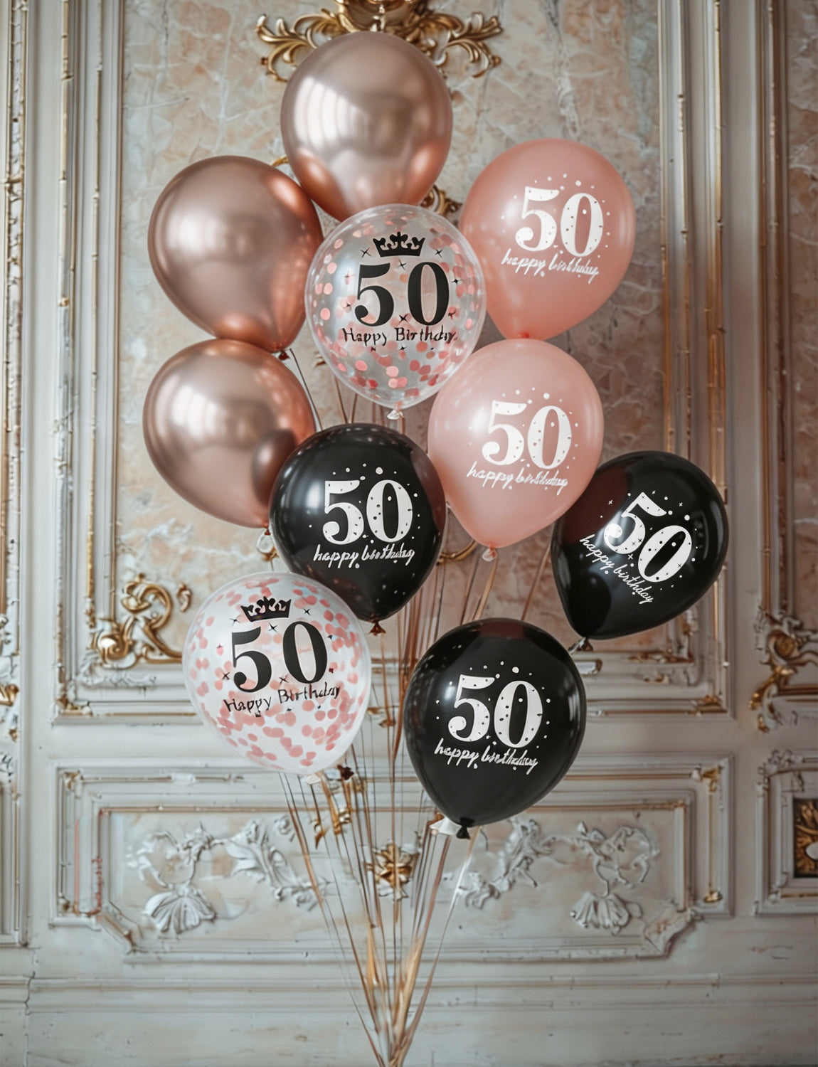 50th Birthday Balloons, Rose Gold and Black Balloons for Party Decor 24 Pcs 12 Inch Happy Birthday Balloons, Metallic and Pearl Rose Gold Balloons with Confetti, 50th Birthday Party Decorations