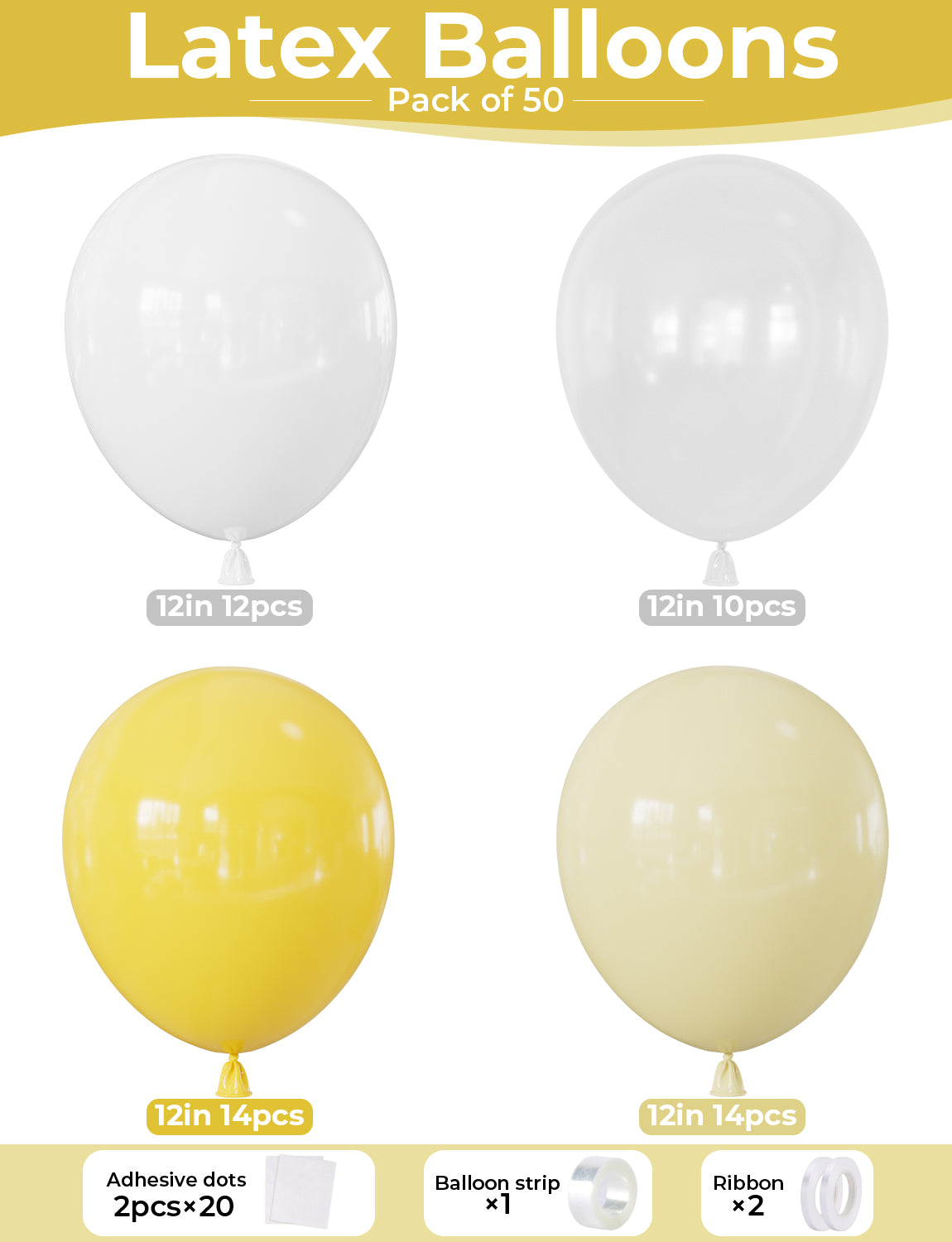 Yellow and White Balloons, 50 Pcs 12 Inch Yellow White Clear Balloon Lemon Yellow White Clear Balloons for Baby Shower Birthday Bee Lemon Easter Wedding Anniversary Carnival Party Decorations
