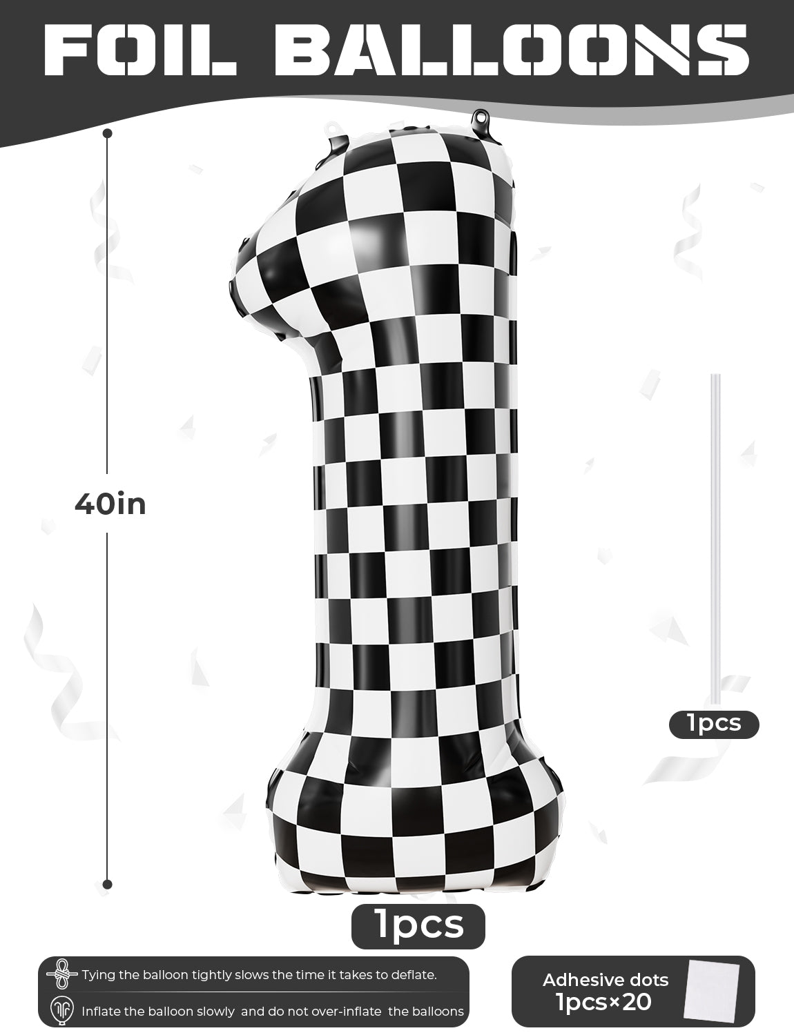 40 Inch Checkered Number 1 Balloon for Racing Birthday Decorations Large Number 1 Balloon, Black and White Foil Balloon for Birthday, Baby Shower, Race Car and Checkered Flag Party Decorations