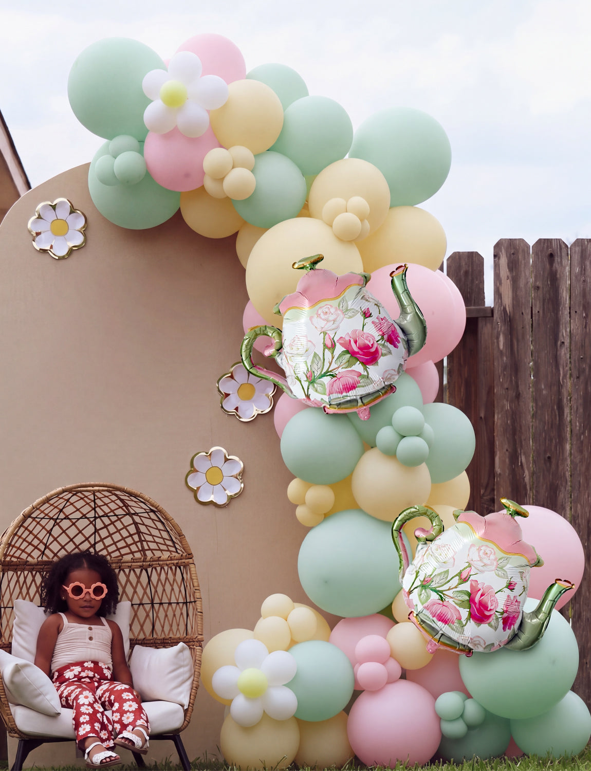 Tea Party Decorations - 144 Pcs Tea Party Balloon Arch Kit Garland Bright Pink Green Yellow Balloons Arch Kit with Large Teapot Foil Balloons for Let's Par Tea Birthday Spring Party Decorations