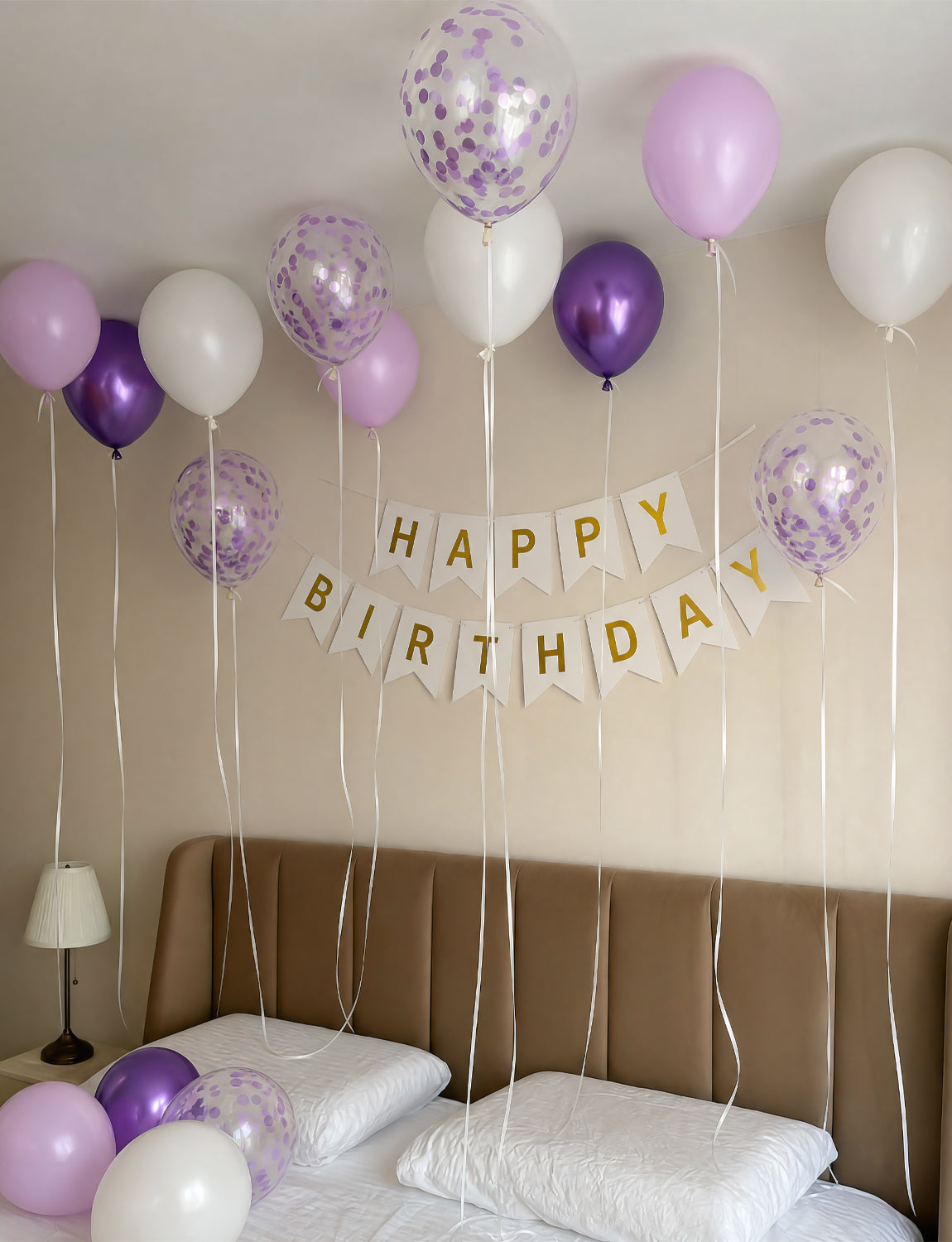 Purple Happy Birthday Banner - Purple Birthday Decorations with 12 Inch Lilac and White Latex Confetti Balloons Reusable Bunting Banner for Girls Women Pet Happy Birth Party Decorations