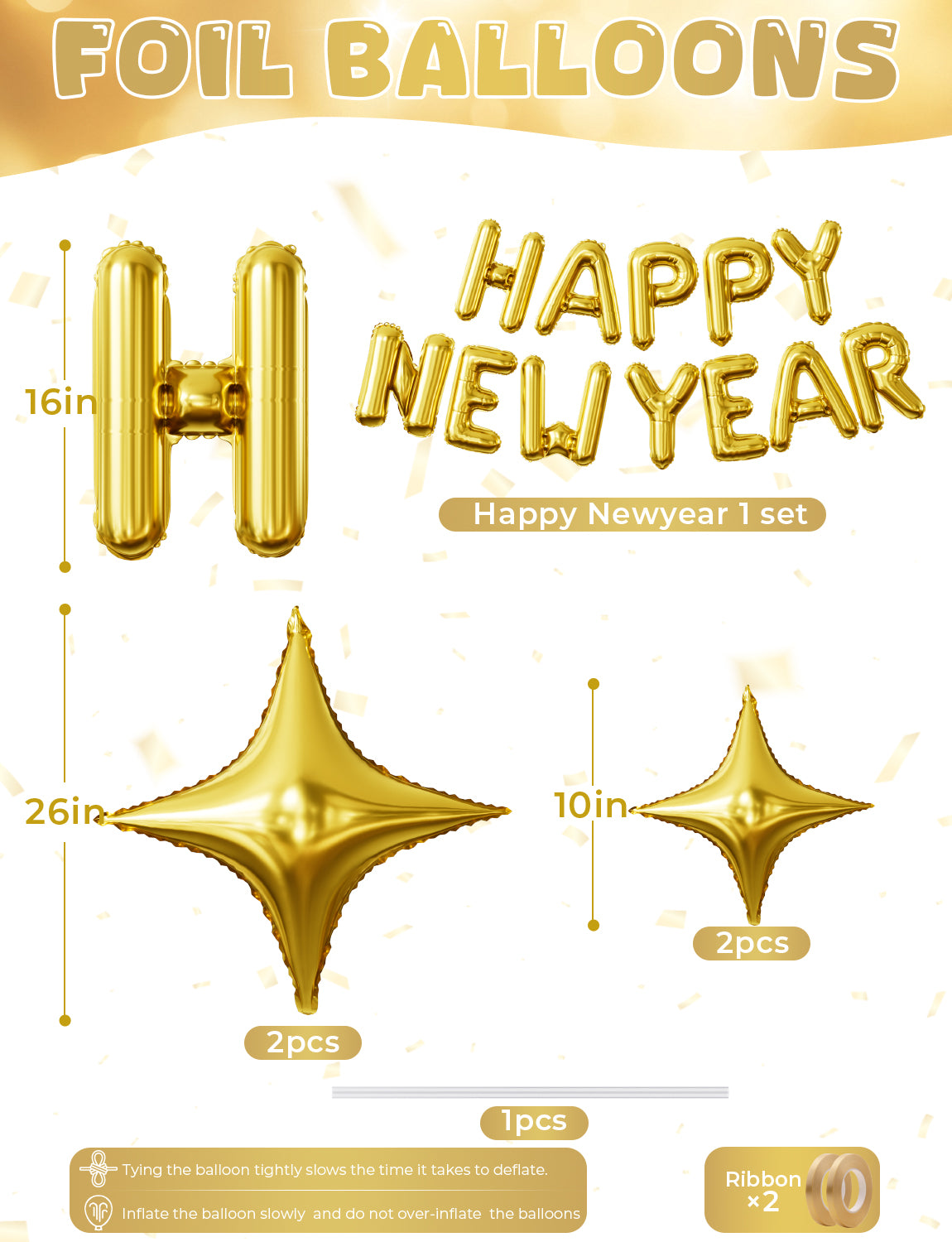 Adeyoo Happy New Year Balloons - 16 Inch Happy New Year Balloons Banner with Gold Star Big Letter Balloon Reusable Self Inflating Balloon for New Years Eve Party Decorations