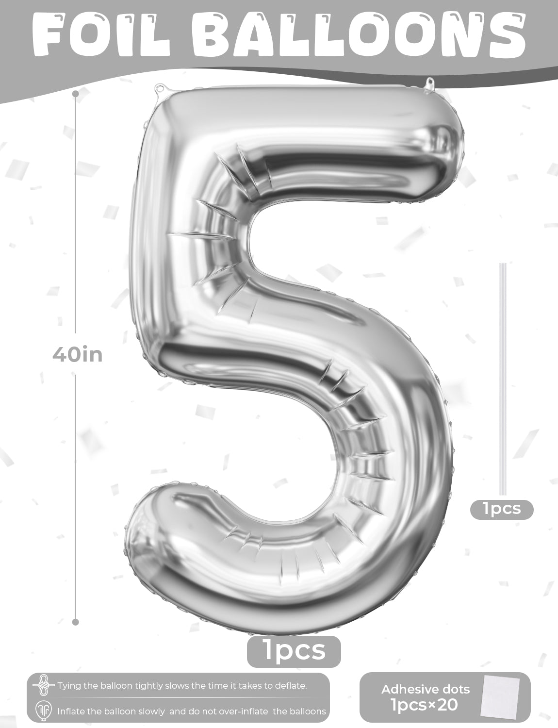 Silver Number 5 Balloon – 40 Inch Giant Foil Number Balloon, Silver Number Balloons for Men Women Boys Girls Birthday Graduation Anniversary Party Decorations