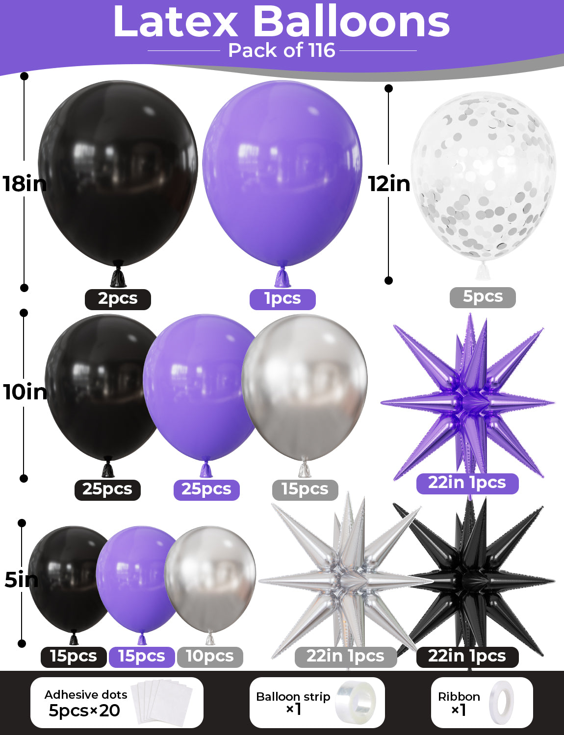 Purple and Black Balloon Garland Arch Kit with Star Foil Balloon 116Pcs Different Size Metallic Silver Balloon, Confetti Balloons for Halloween Graduation Birthday Party Decorations