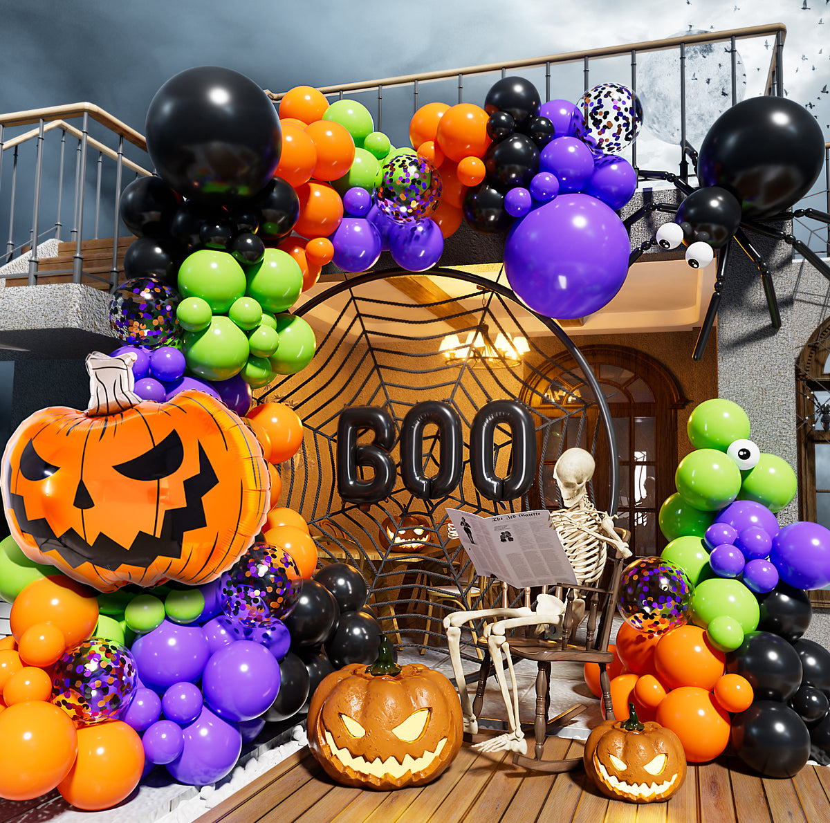 Halloween Balloons Arch Kit Garland with BOO Pumpkin Foil Balloon 126Pcs Black Orange Purple Green Halloween Balloons with Boo, Pumpkin, Eyeball Balloons for Halloween Party Decorations