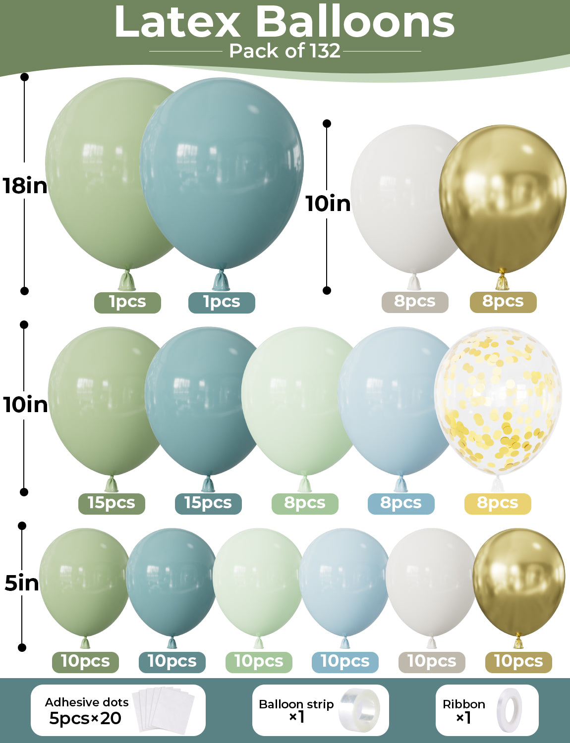 Dusty Blue Green Balloon Arch Kit Garland - 132Pcs Blue and Green Balloons Arch With Sand White Gold Latex confetti Balloon for Baby Shower Jungle Safari Woodland Birthday Party Decorations