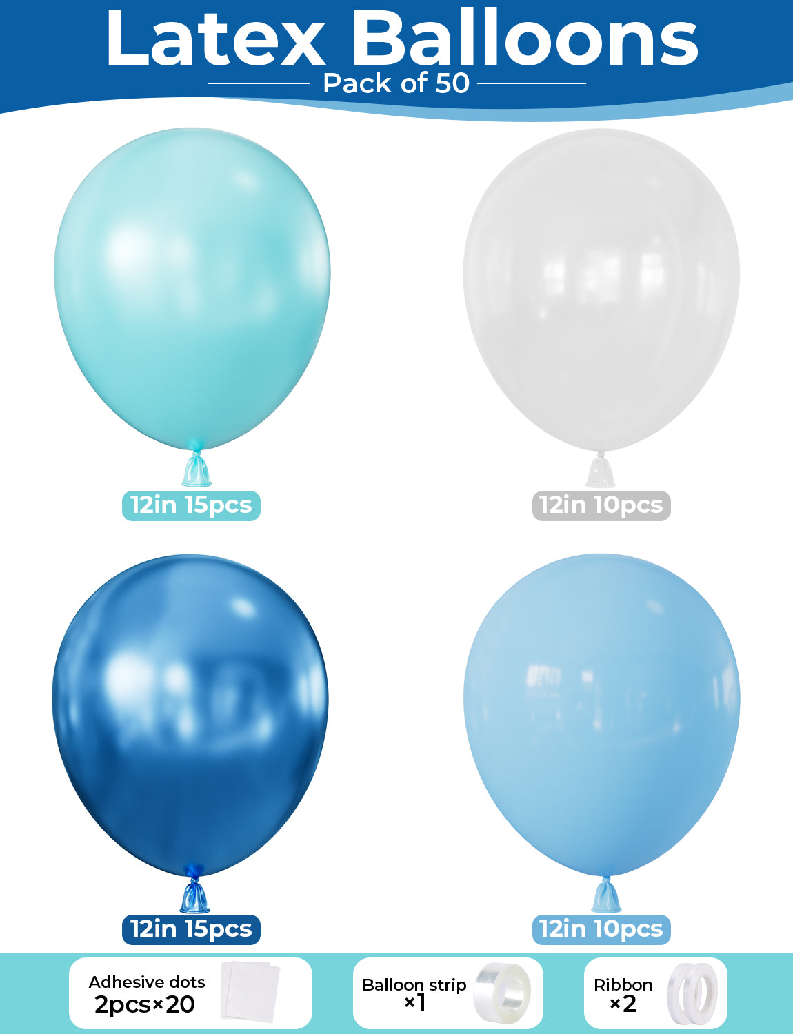 Blue Balloons, 12 Inch Ocean Under The Sea Balloon for Mermaid Decor 50 Pcs Teal Baby Blue and Clear Balloons, Metallic Blue Balloon for Ocean Shark Themed Birthday Baby Shower Party Decoration