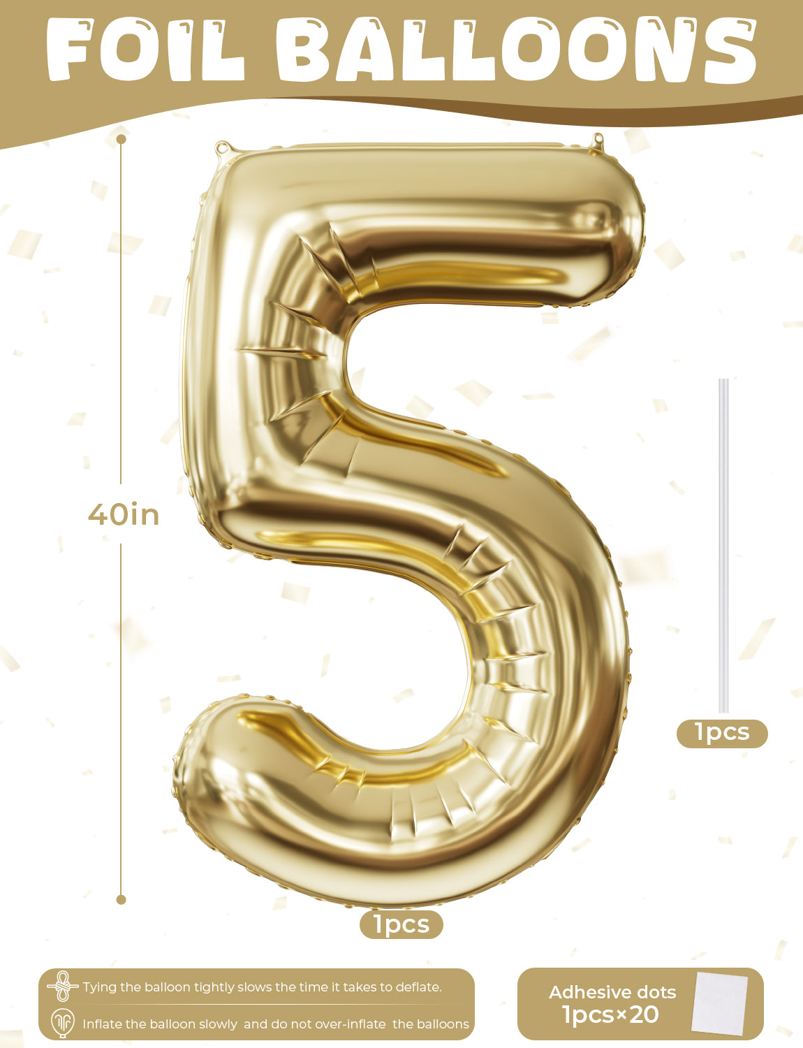 Adeyoo Champagne Gold Foil Balloon Number 5-40 Inch Giant Light Gold Self Inflating Balloons, Number Balloons 0-9 Set for Girls Boys Women Men Birthday Graduation Anniversary Party Decorations