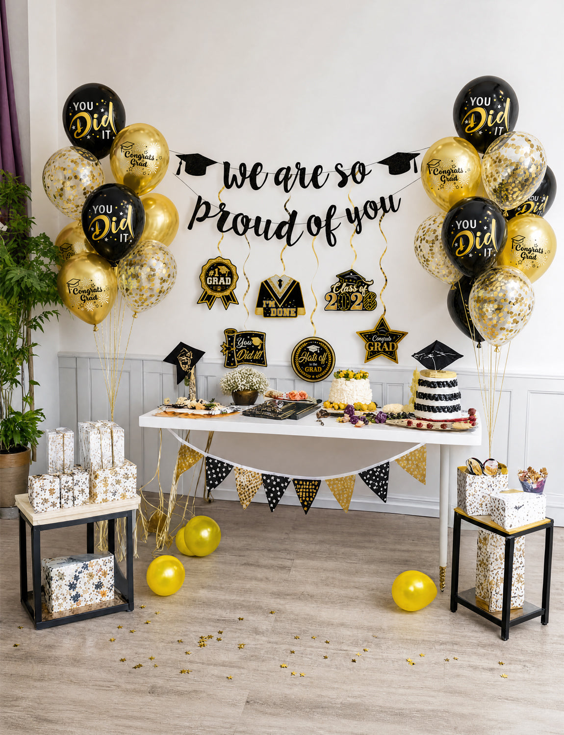 2026 Graduation Decorations - Graduation Party Decorations with We Are So Proud of You Banner Hanging Swirls, Black and Gold Print Balloons for Graduations Class of 2026 Leavers Party Supplies