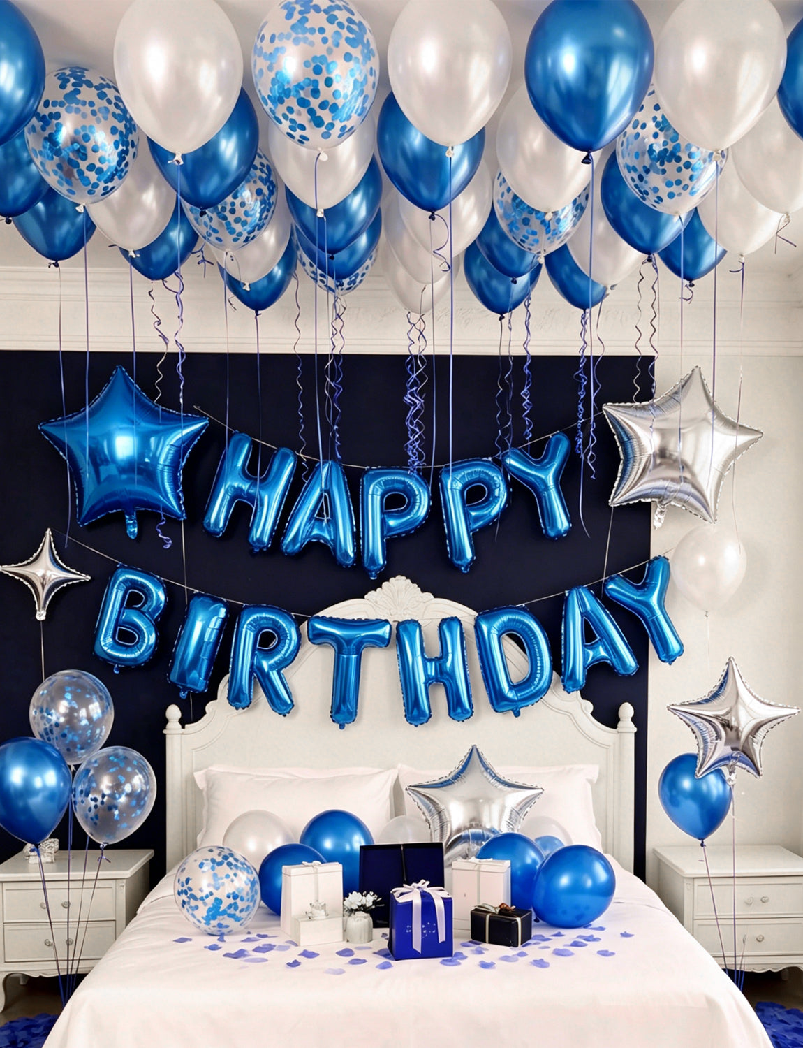 Happy Birthday Decorations - Blue Happy Birthday Balloons with Metallic Blue and White Latex Confetti Balloons, Silver Foil Star Balloons for Men Boys Pet Birthdays Party Decorations