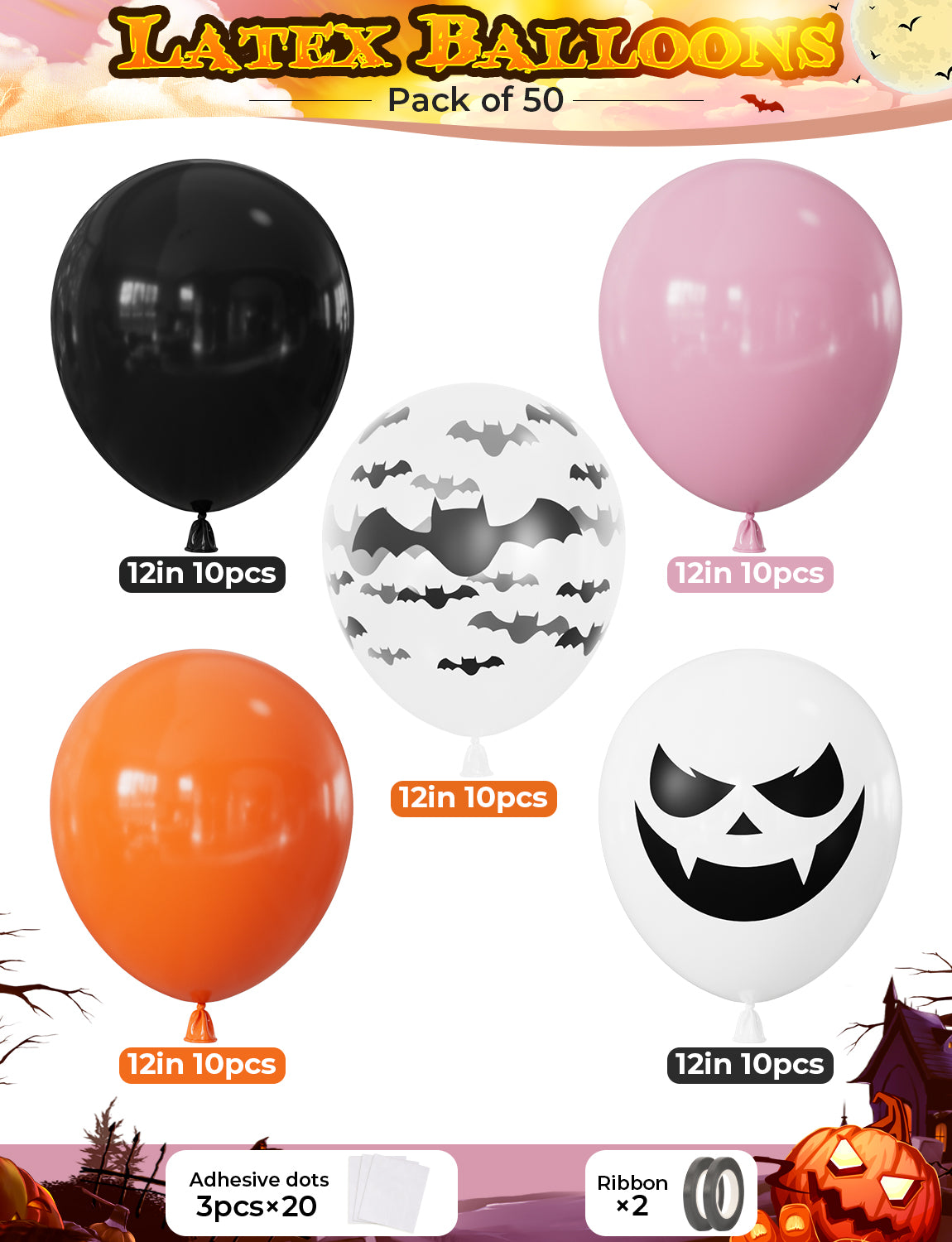 Halloween Balloons, Pink Orange Black Balloons for Halloween Decor 50 Pcs 12 Inch Halloween Latex Balloons, Bat Ghost Print Balloons for Girls Halloween Spooky One Scary Party Decorations