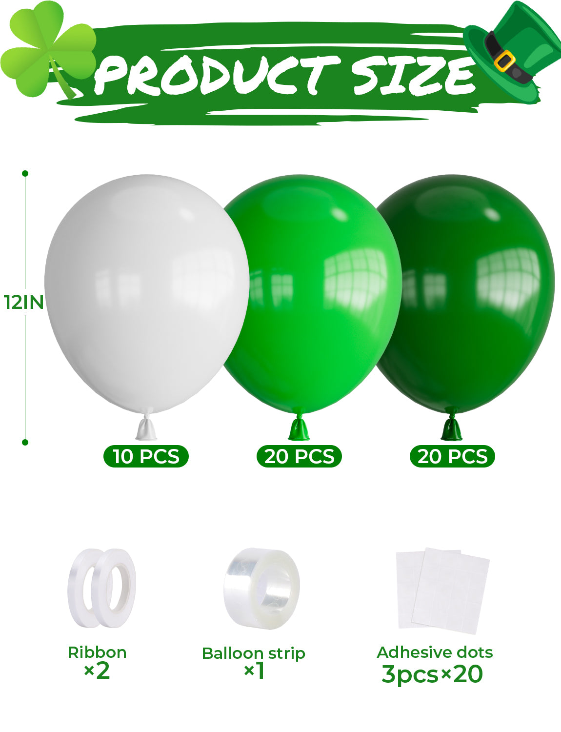 Adeyoo Green and White Balloons - 50 Pcs 12 inch St Patricks Day Balloons Green and White Party Balloon Natural Latex Balloon for St Patricks Day Jungle Safari Birthday Baby Shower Party Decorations