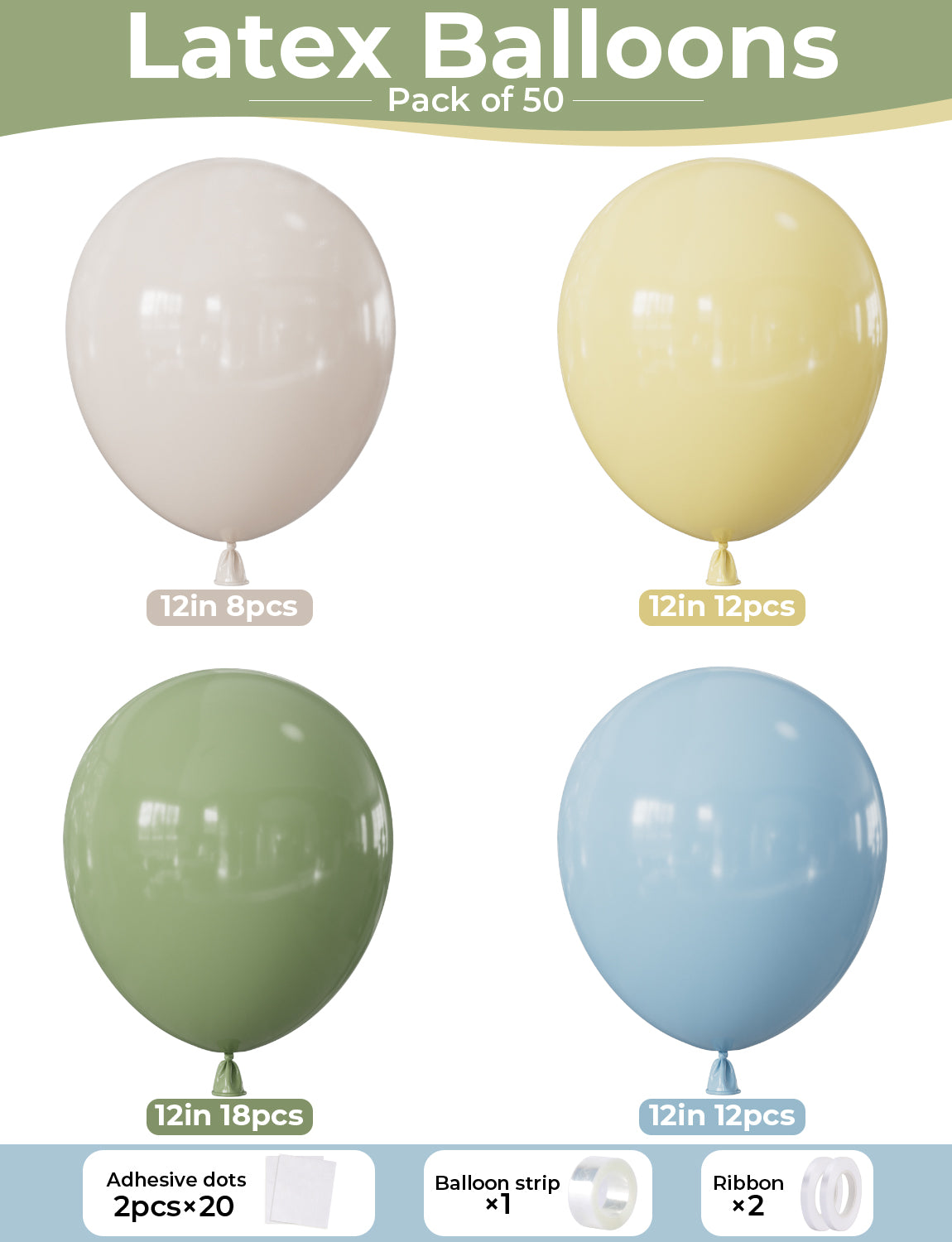 Sage Green Blue Yellow Balloons, 50 Pcs 12 Inch Sage Green Balloons with Baby Blue, Soft Yellow & Ivory White Balloon for Baby Shower, Birthday, Woodland & Spring Party Decorations