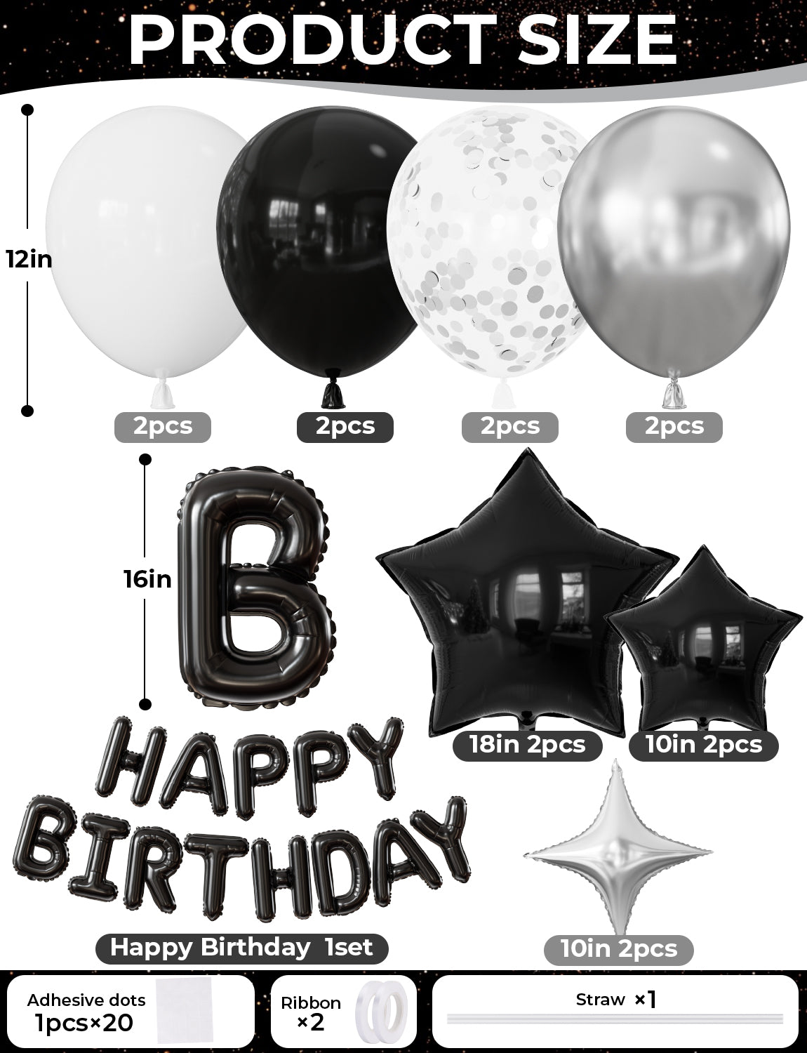 Black Happy Birthday Balloons - Happy Birthday Banner Balloons with Black White Silver Latex Confetti Balloon, Star Foil Balloon for Men Boys Birthdays Party Decorations, Photo Shoot Supplies