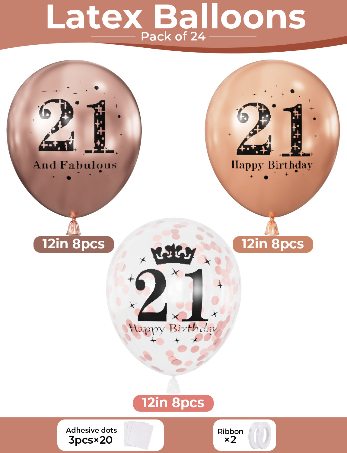 Adeyoo 24Pcs 21st Birthday Balloons for Her - 12Inch Rose Gold 21st Birthday Decorations, Fabulous Rose Gold Latex Confetti Balloons for Girls Women Happy 21 Birth Theme Party Decorations