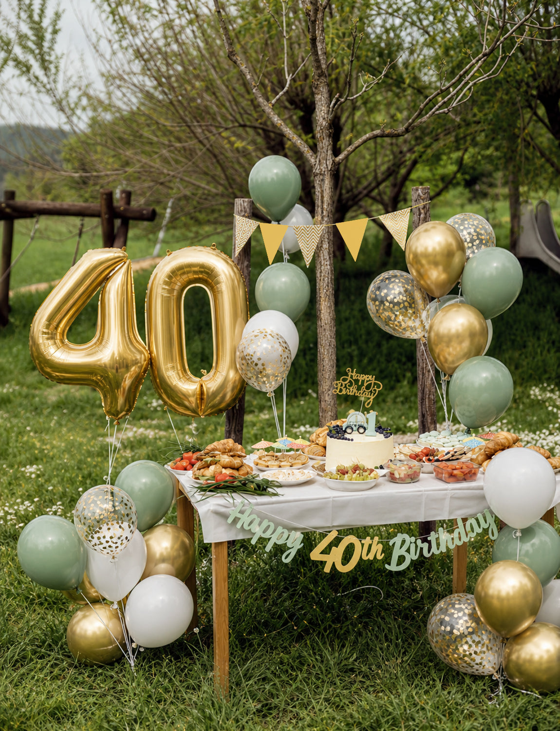 40th Birthday Decoration with Happy 40th Birthday Banner for Women Sage Green Gold White Balloons, Number 40 Foil Balloon, Gold Bunting, Cake Topper for 40th Anniversary Birthday Party Decor