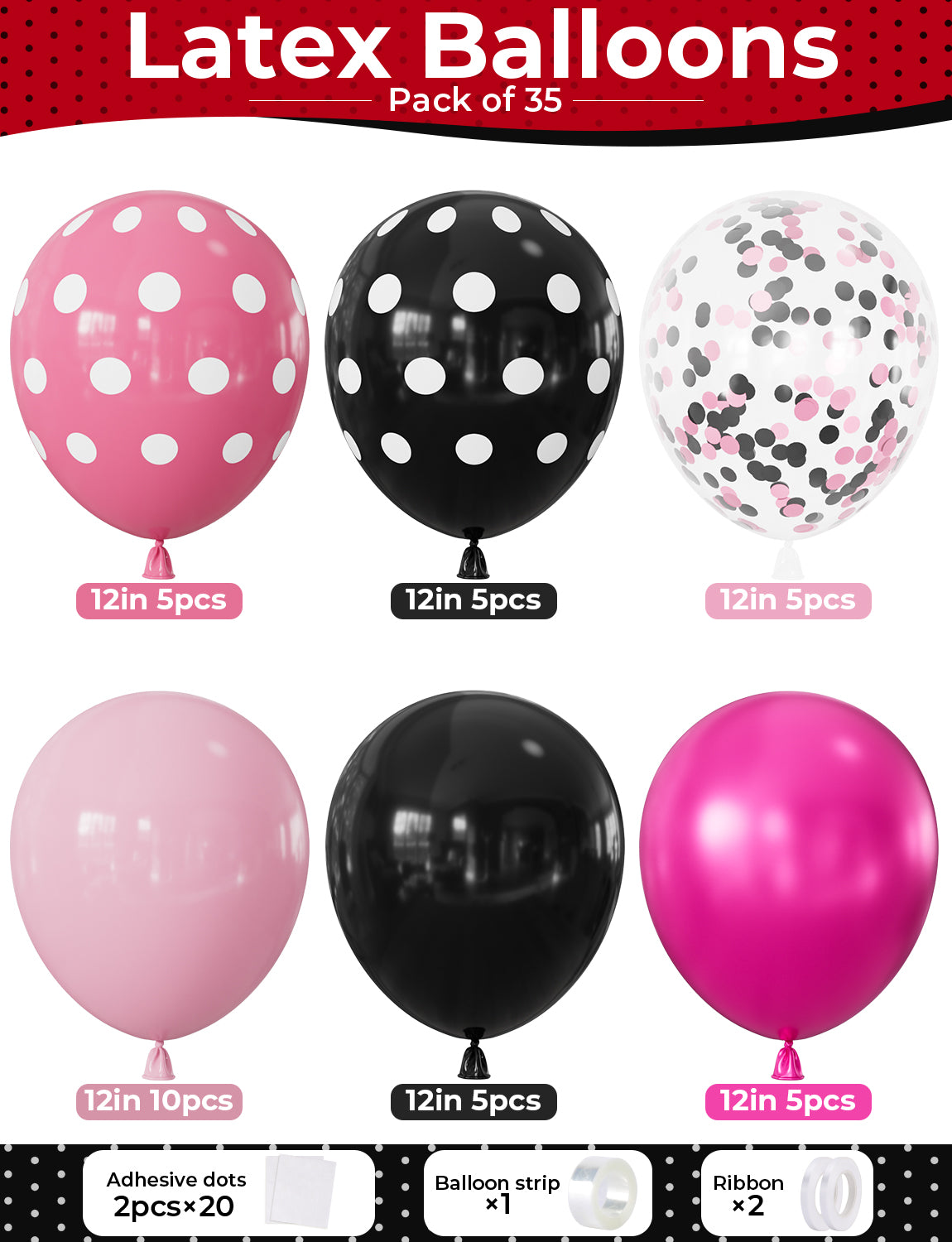 Pink and Black Balloons, 50 PCS 12 Inch Black Pink Polka Dot Balloon Baby Pink Balloons, Pearl Hot Pink and Pink Black Confetti Balloons for Girls Mouse Theme Birthday Baby Shower Party Decor