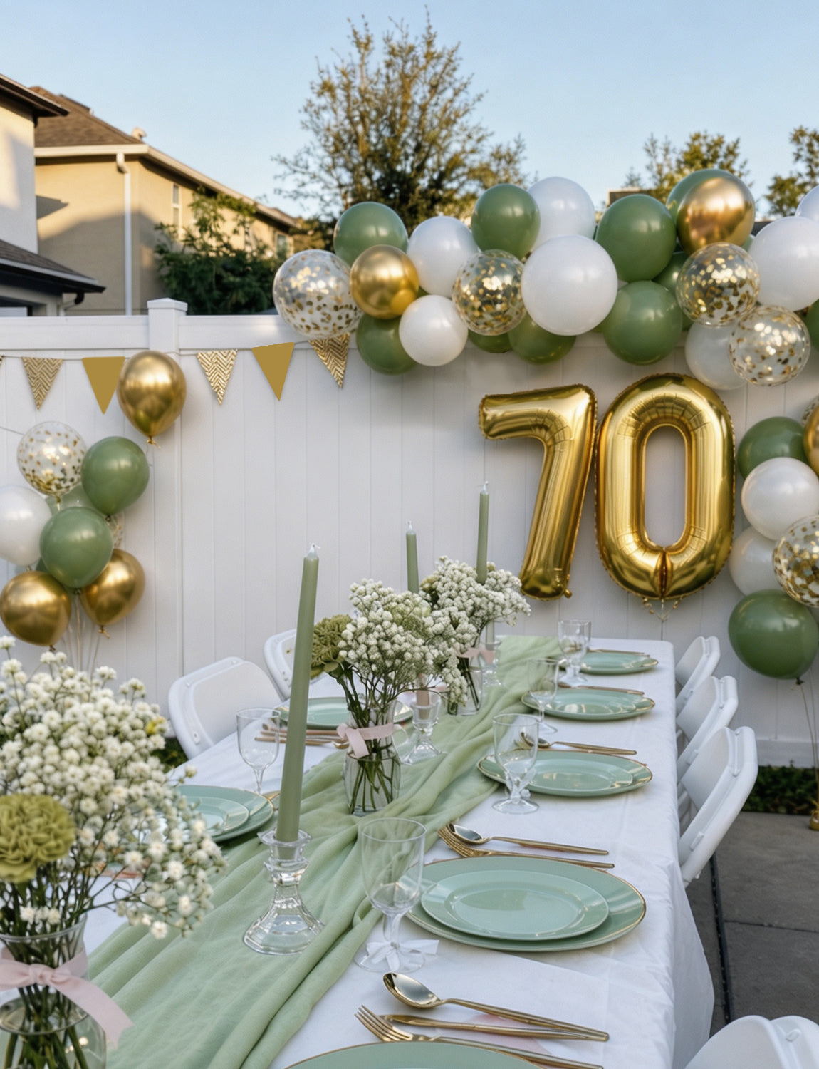 70th Birthday Decorations with 70th Birthday Banner for Women Men Sage Green Gold White Balloons, Number 70 Foil Balloon, Gold Bunting, Cake Topper for 50th Anniversary Birthday Party Decor