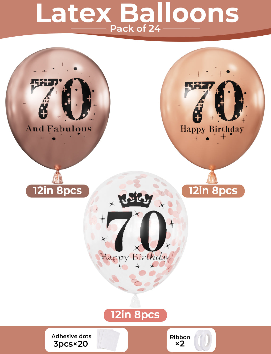 Adeyoo 24Pcs 70th Birthday Balloons - Rose Gold 70th Birthday Decorations for Women Her, 12Inch Rose Gold Latex Confetti Balloons Bright Party Balloon for Anniversary Celebration Supplies