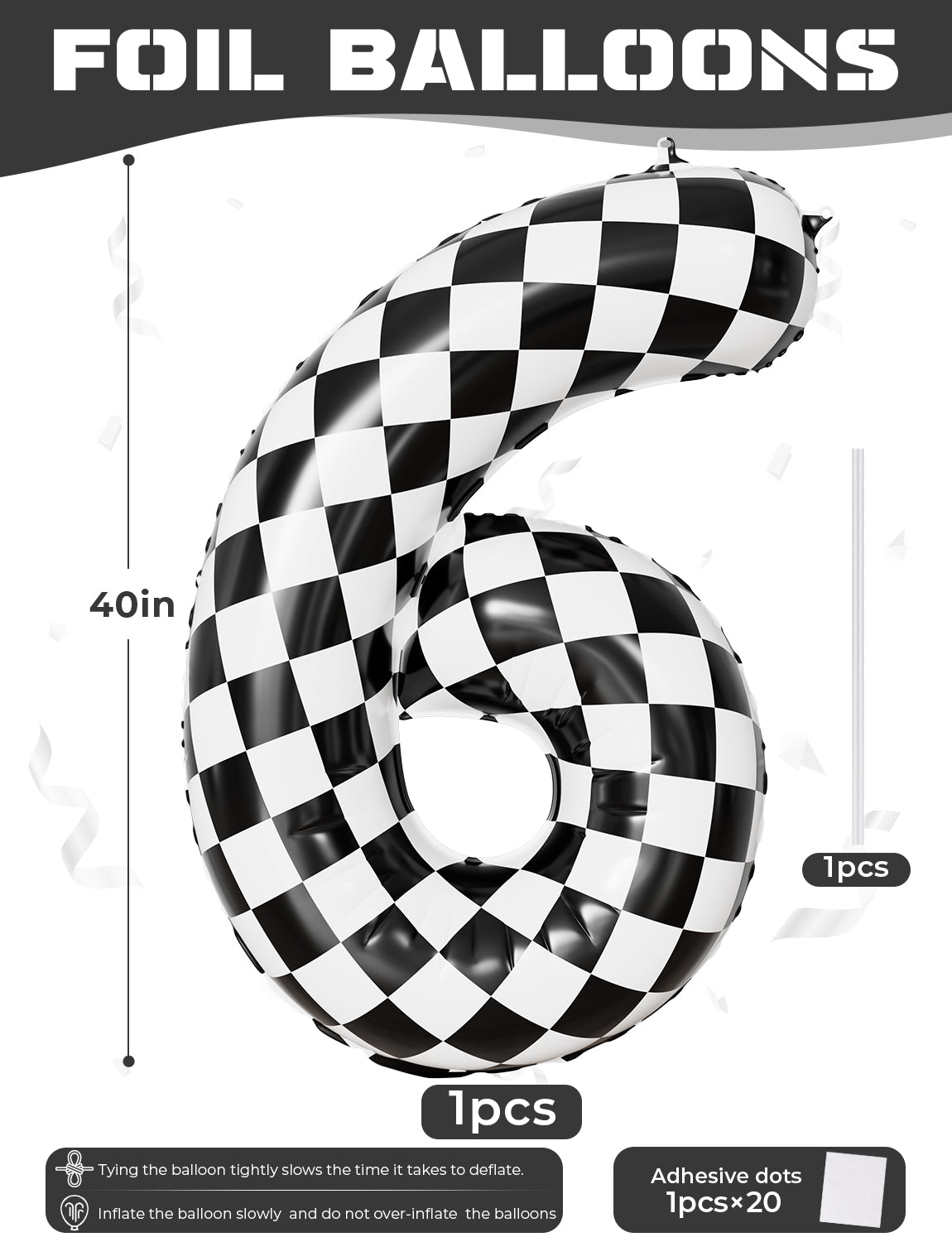 40 Inch Checkered Number 6 Balloon for Racing Birthday Decorations Large Number 6 Balloon, Black and White Foil Balloon for Birthday, Baby Shower, Race Car and Checkered Flag Party Decorations