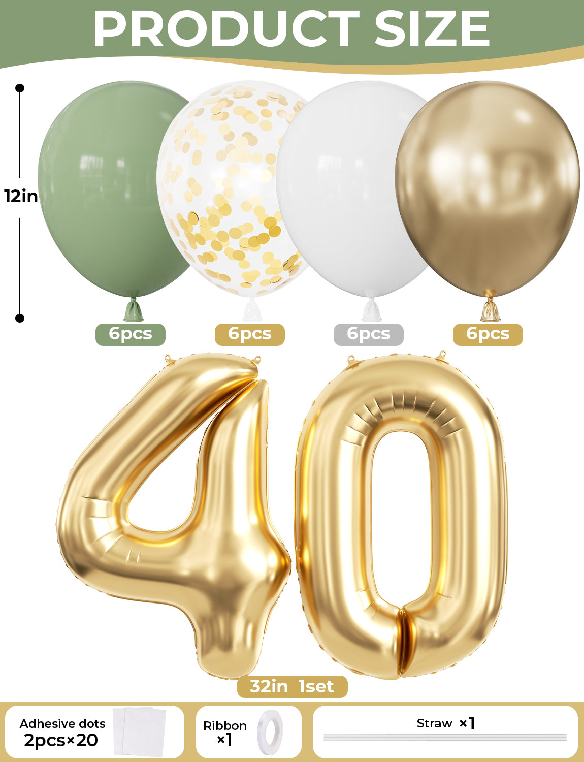 40th Birthday Decoration with Happy 40th Birthday Banner for Women Sage Green Gold White Balloons, Number 40 Foil Balloon, Gold Bunting, Cake Topper for 40th Anniversary Birthday Party Decor