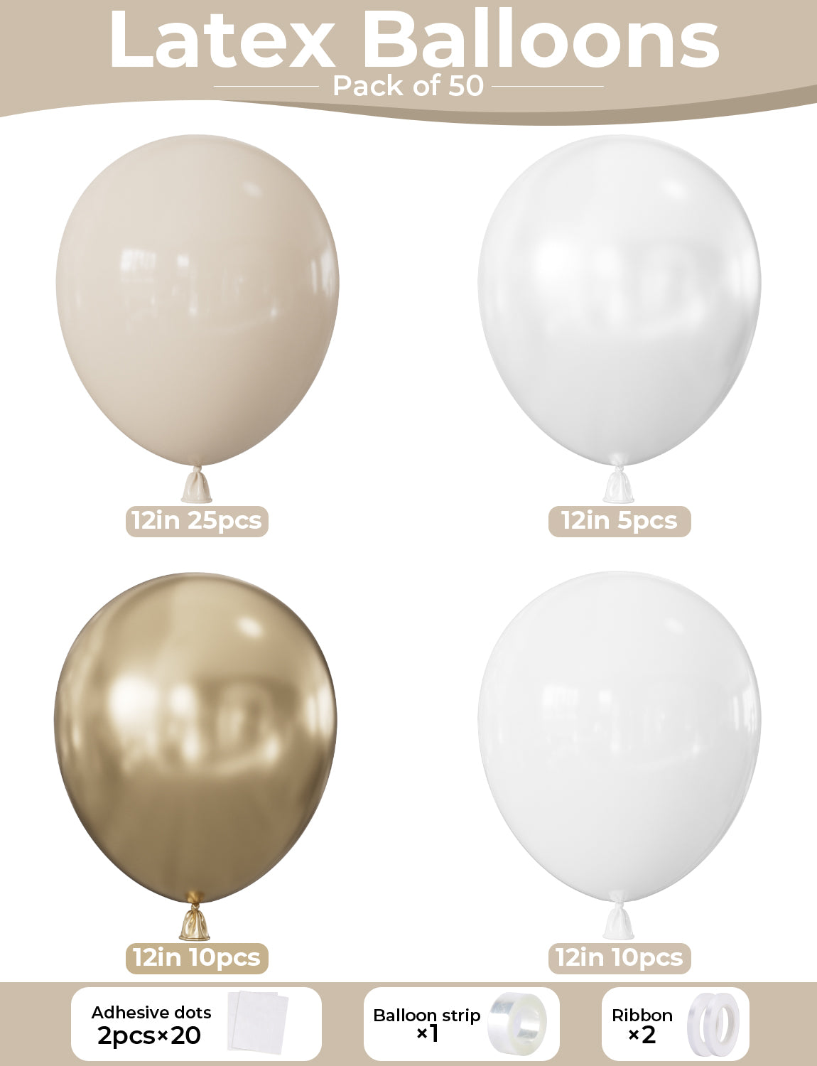Adeyoo White and Gold Balloons - 12 Inch Beige White and Metallic Gold Latex Balloons, Neutral Party Balloon for Boho Wedding Bridal Engagement Birthday Anniversary Party Decorations