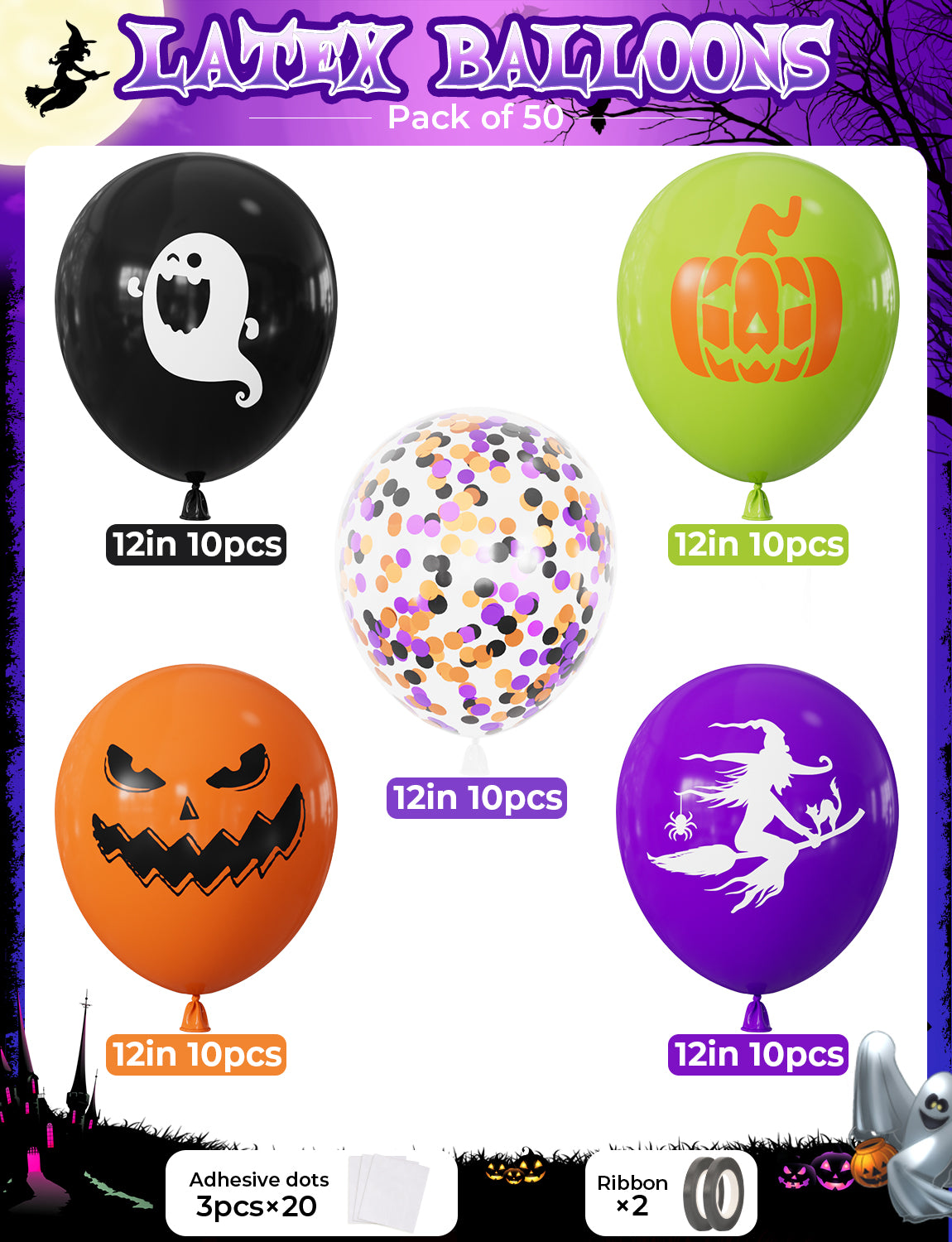 Halloween Balloons, 50 Pcs 12 Inch Black Orange Purple Green Balloon Halloween Latex Balloons with Confetti, Witch Pumpkin Ghost Print Balloons, Halloween Decorations for Spooky Birthday Party