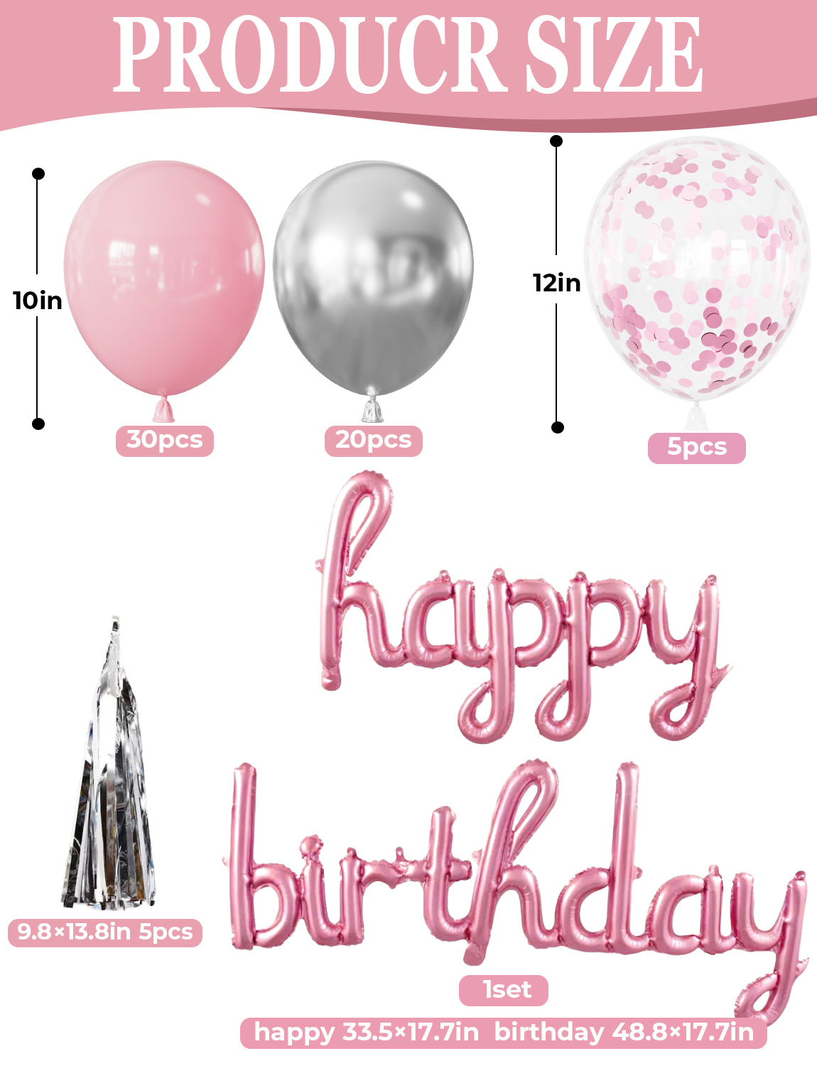 Pink Birthday Decorations for Girls and Women - Pink Party Decorations with Happy Birthday Balloons, Foil Fringe Curtain, Crown Champagne Lipstick Love Foil Balloons for Girls Princess Party Supplies