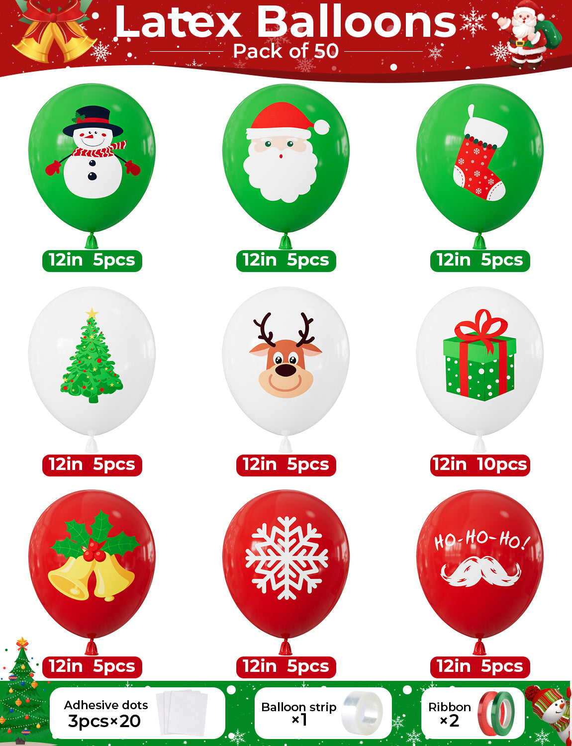 Christmas Balloons, 50 Pcs 12 Inch Christmas Print Balloon, 9 Styles Christmas Party Balloons, Red Green White Latex Balloons, Christmas Decorations for Xmas Winter Wonderland Birthday Parties