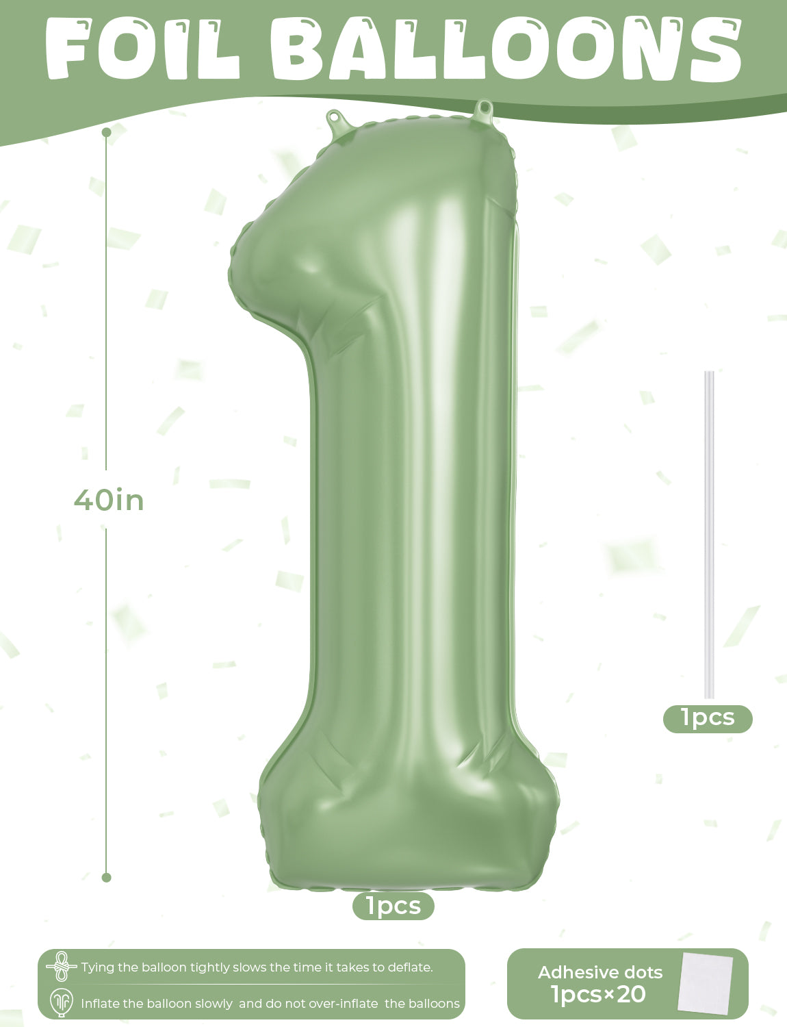 Adeyoo Sage Green Number 1 Balloon - 40 Inch Large Green Number Balloons, Self Inflating Foil Birthday Balloons Digital 0-9 for Birthday Baby Shower Jungle Safari Anniversary Party Decorations