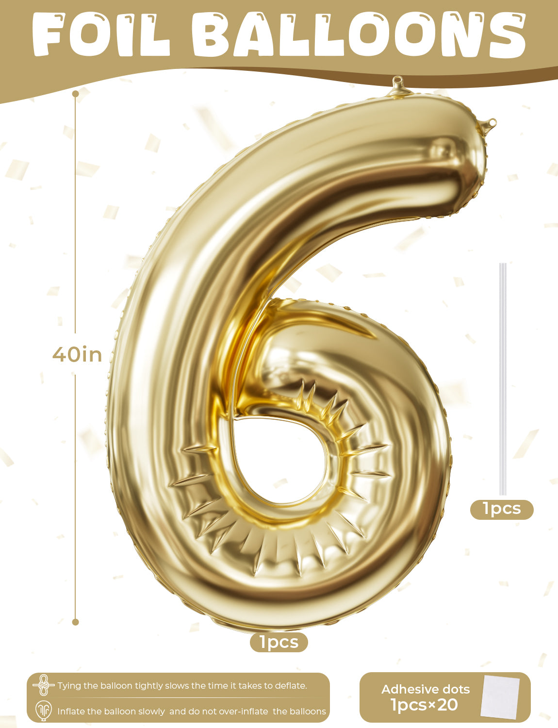 Adeyoo 40 Inch Large Number 6 Balloon - Champagne Gold Digital 6 Helium Balloon, Self Inflating Light Gold Foil Number Balloons 0-9 Set for Girls Boys 6th Birthday Anniversary Party Decorations
