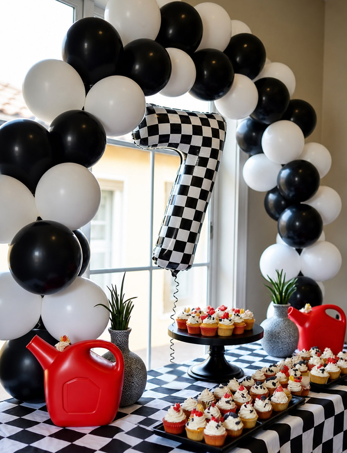 40 Inch Checkered Number 7 Balloon for Racing Birthday Decorations Large Number 7 Balloon, Black and White Foil Balloon for Birthday, Baby Shower, Race Car and Checkered Flag Party Decorations