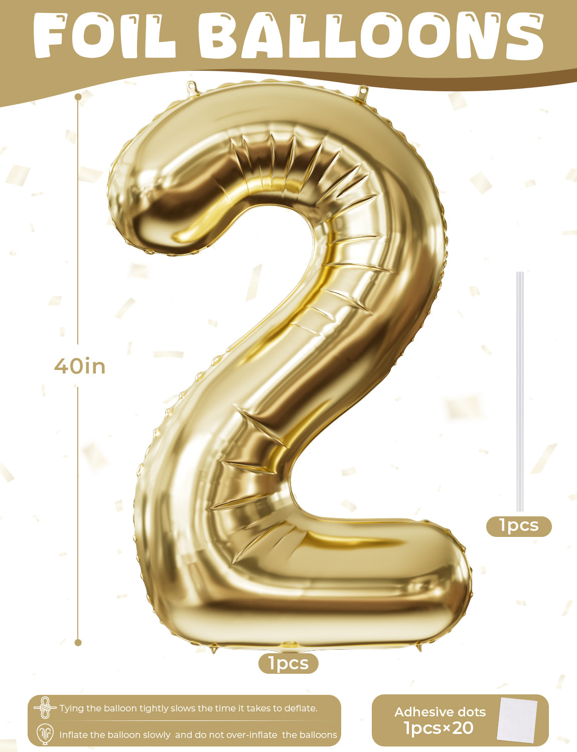 Adeyoo Champagne Gold Number 2 Balloon - 40 Inch Large Self Inflating Foil Digital 2 Balloon, Light Gold Number Balloons 0-9 for Boys Girls Women Men Birthday Anniversary Graduation Party Decorations