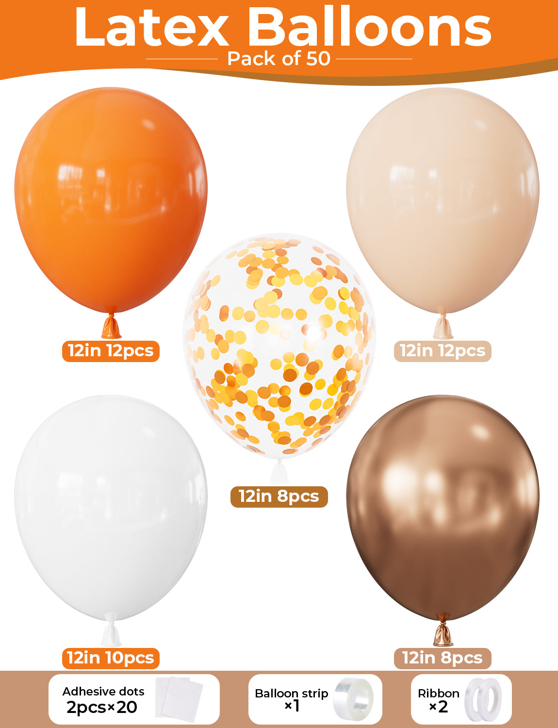 Fall Balloons, 50Pcs Orange White Nude Copper Confetti Balloons | 12 Inch Orange and White Balloons, Nude Copper Balloons for Fall Autumn Harvest Thanksgiving Halloween Party Decorations