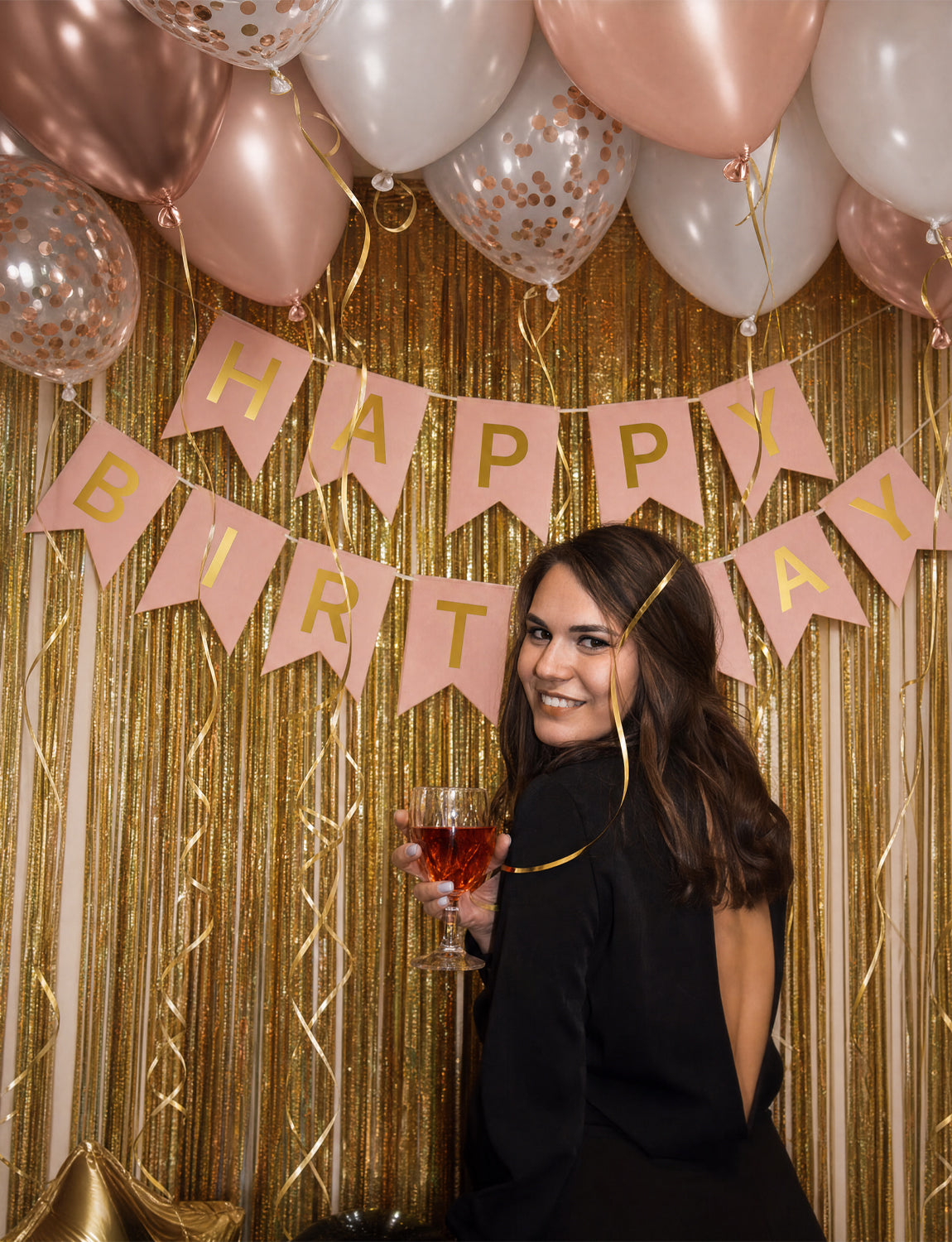 Rose Gold Birthday Decorations - Happy Birthday Banners with 12 Inch Rose Gold Latex Confetti Balloons Reusable Bunting Banner for Girls Women Pet Happy Birth Party Decorations