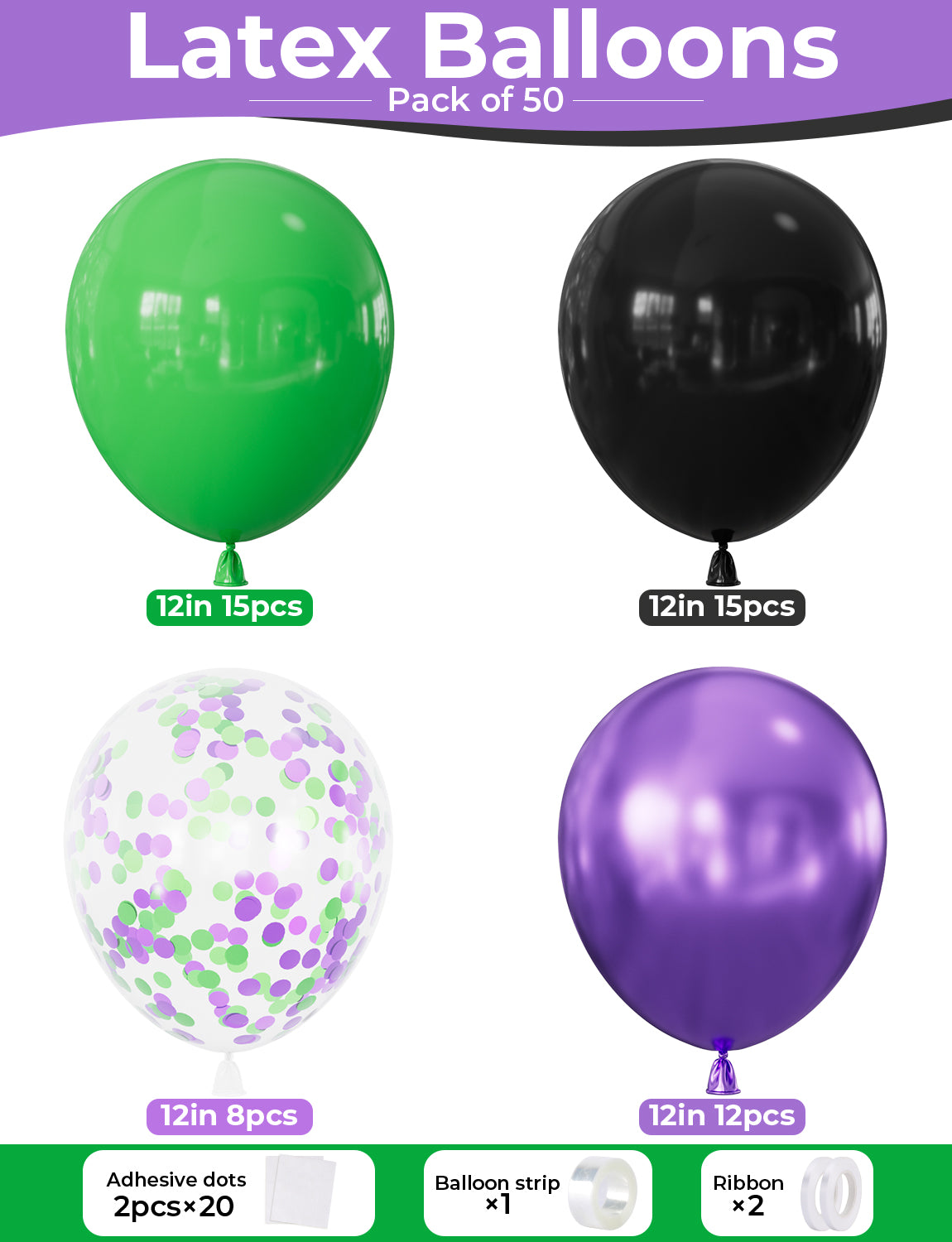 Green Purple and Black Balloons, 50 PCS 12 Inch Black Green Balloons Metallic Purple Balloons, Black Green Confetti Balloons, Birthday Balloons for Halloween Baby Shower Birthday Party Decor