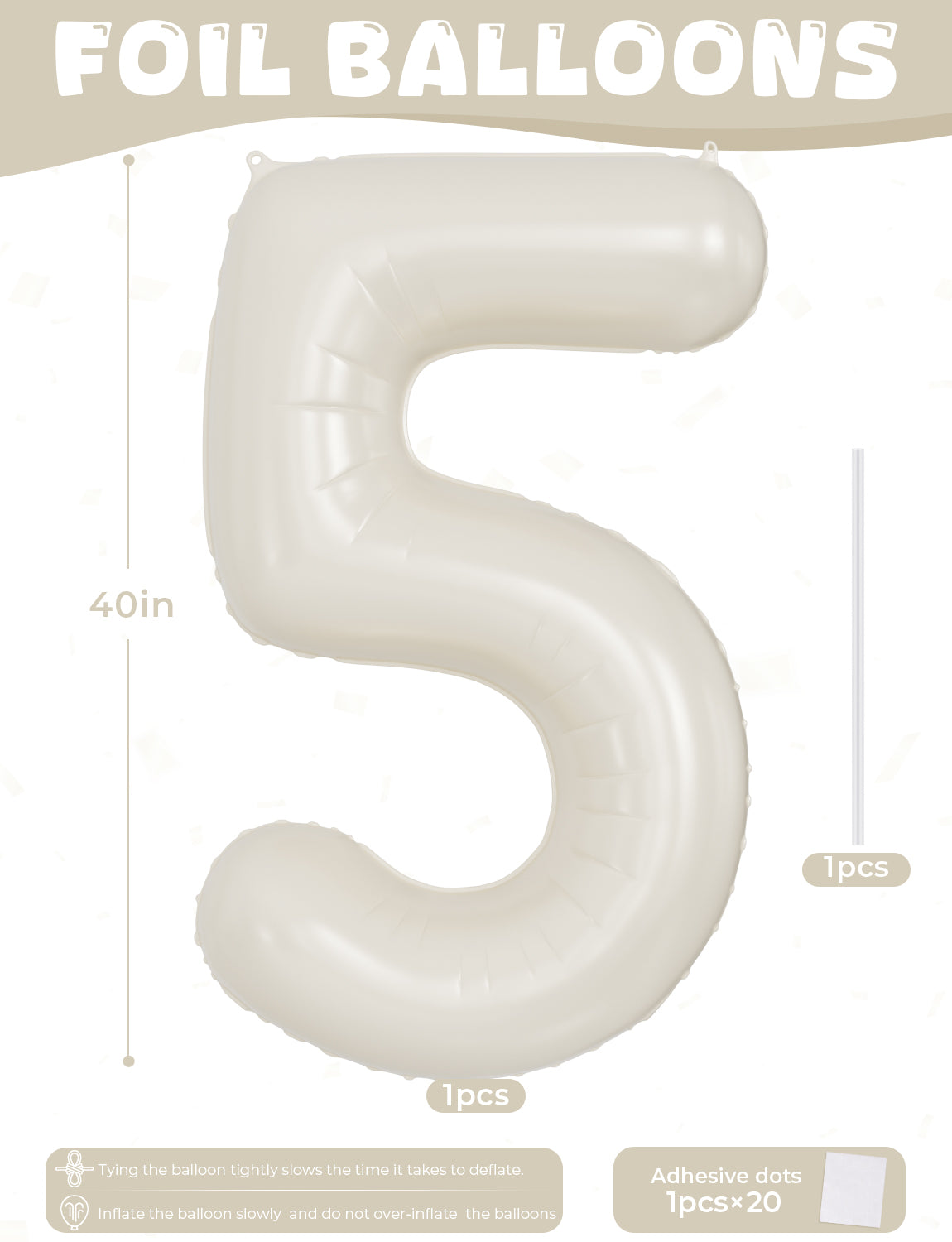 Adeyoo Cream Number 5 Balloons – 40 Inch Giant Foil Number Balloon, Light Cream Number Balloon for Birthday Anniversary Baby Shower Party Decorations