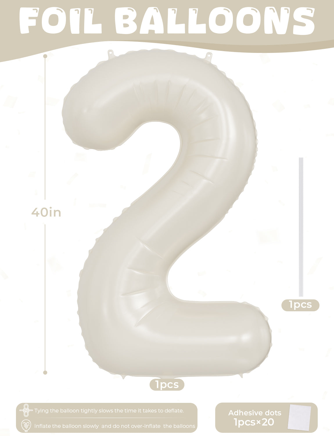 Adeyoo Cream Number 2 Balloons – 40 Inch Giant Foil Number Balloon, Light Cream Number Balloon for Birthday Anniversary Baby Shower Party Decorations