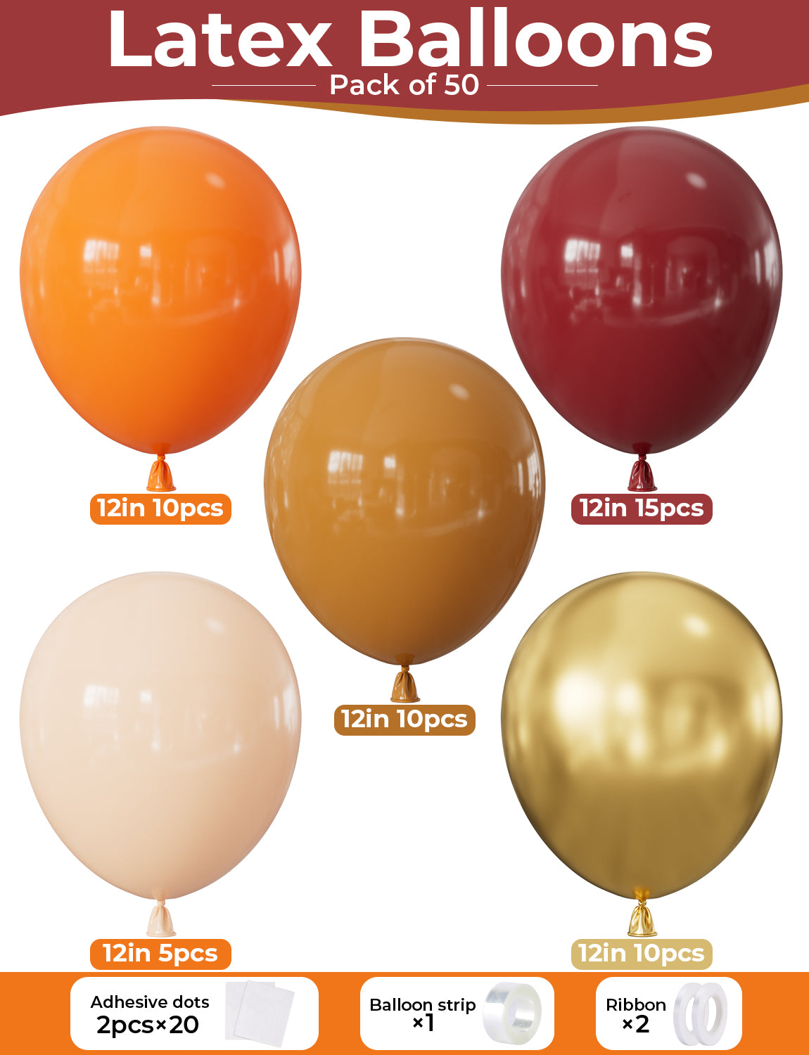 Fall Balloons, 50Pcs Burgundy Gold Balloons for Thanksgiving Decor | 12 Inch Autumn Balloons with Burgundy, Orange, Brown Tan and Metallic Gold for Harvest Birthday Wedding Party Decorations