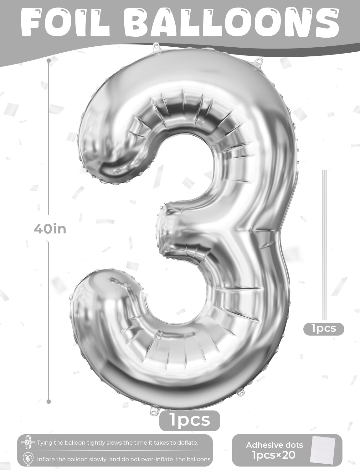 Silver Number 3 Balloon – 40 Inch Giant Foil Number Balloon, Silver Number Balloons for Men Women Boys Girls Birthday Graduation Anniversary Party Decorations