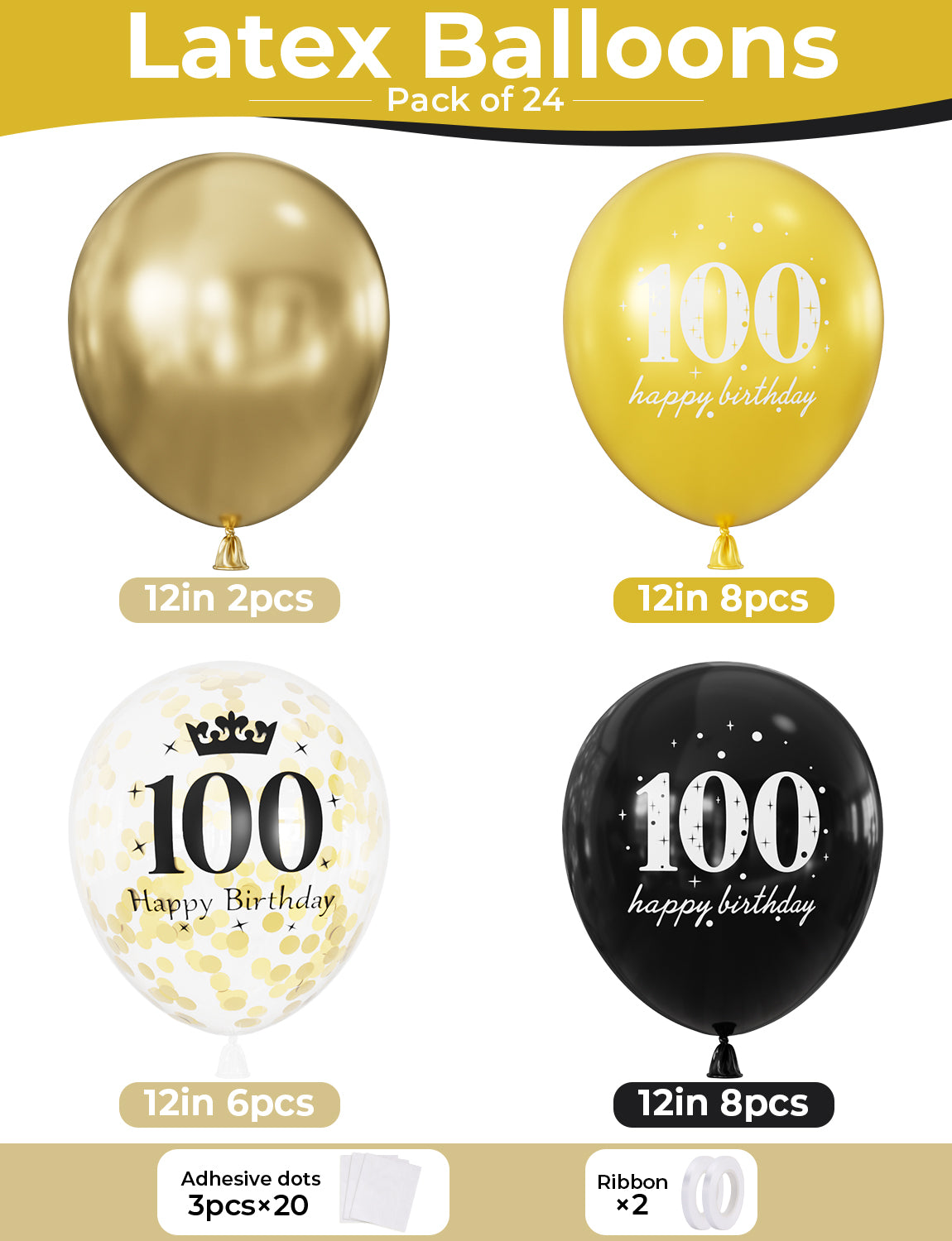 100th Birthday Balloons, 24 Pcs Black Gold Balloons for Men & Women 12 Inch Black and Gold Birthday Balloons, Gold Confetti Latex Balloons, 100th Birthday Decorations for Him & Her