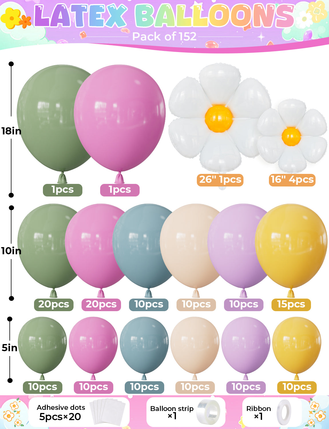 Daisy Balloons Arch Kit Garland - 152Pcs Pastel Balloon Arch with Daisy Foil Balloon, Colourful Fairy Balloons for Birthday Spring Baby Shower Wedding Easter Theme Party Decorations